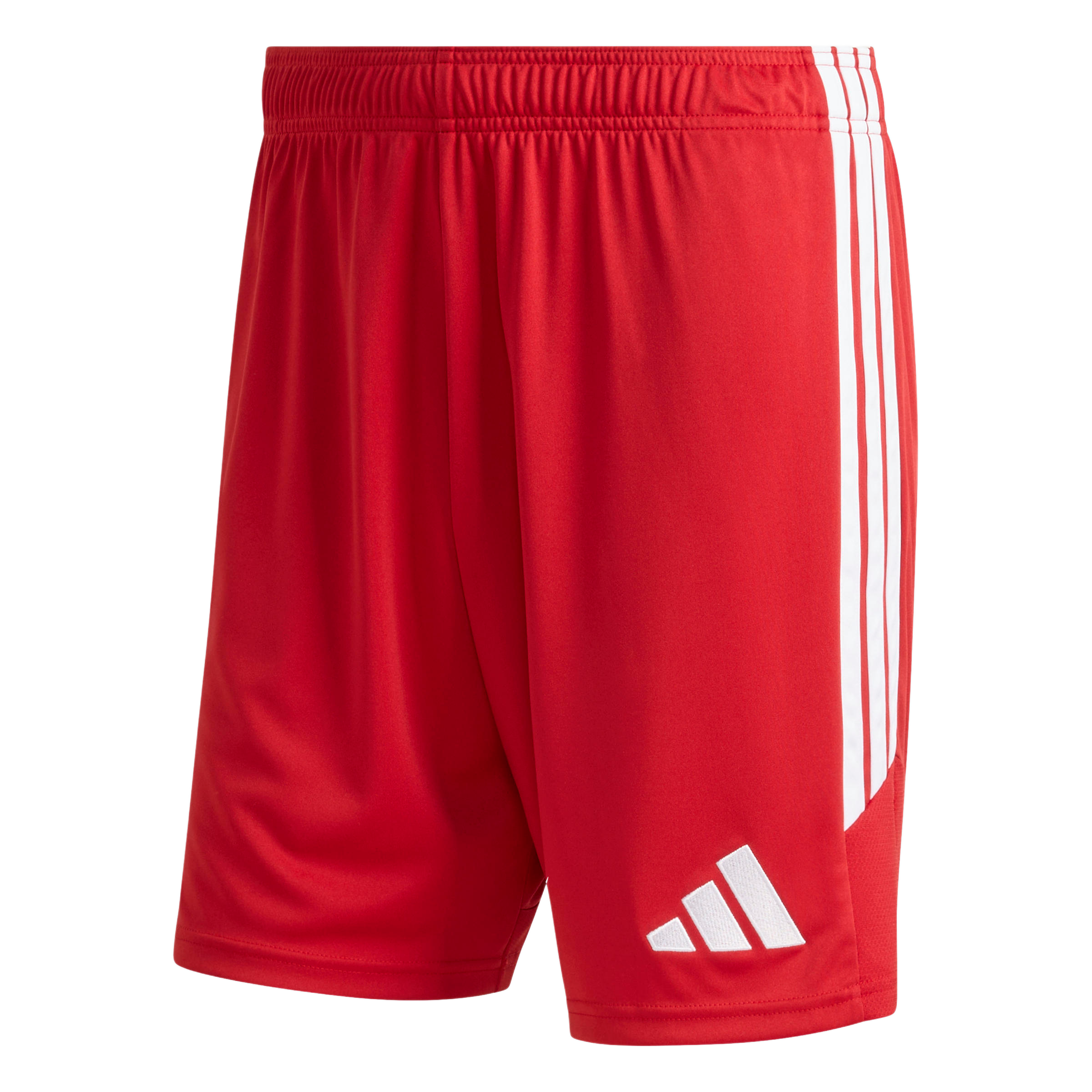 Red Adidas athletic shorts featuring white three-stripe branding on the side and a white Adidas logo on the lower leg, with an elastic waistband.