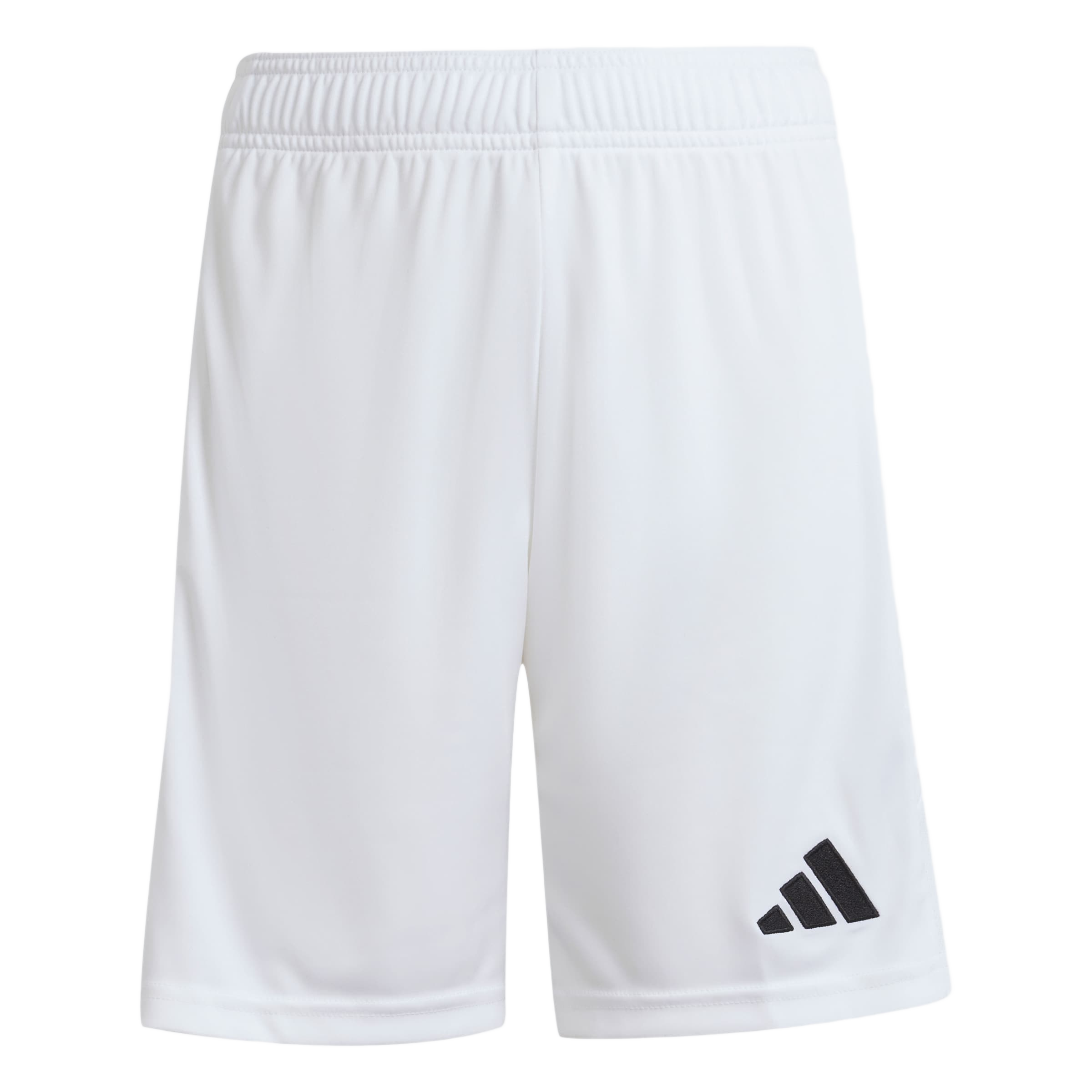 Front view of white Adidas athletic shorts featuring an elastic waistband and a black logo on the lower left leg.