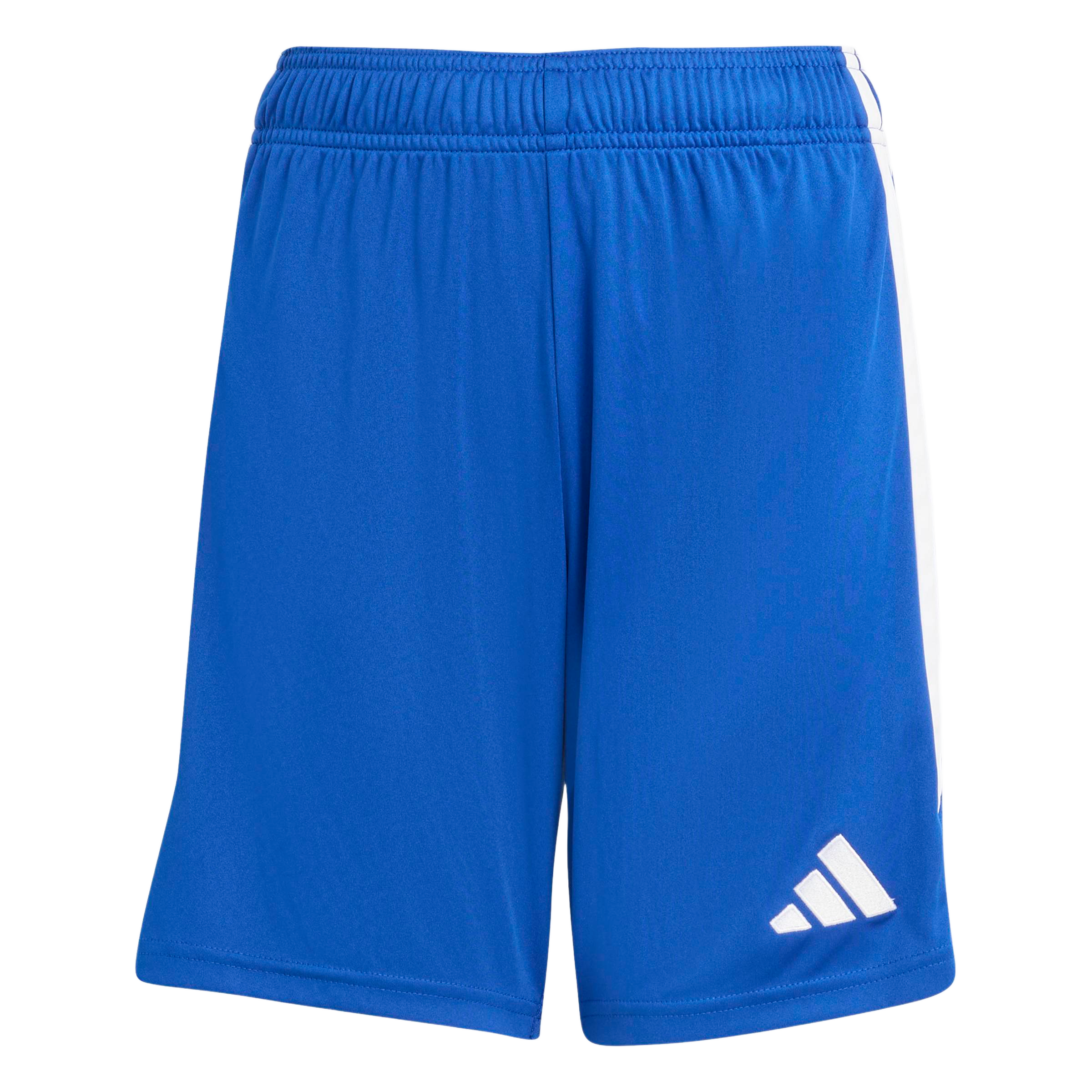 Blue Adidas athletic shorts with white side stripes and a white logo on the lower left leg.