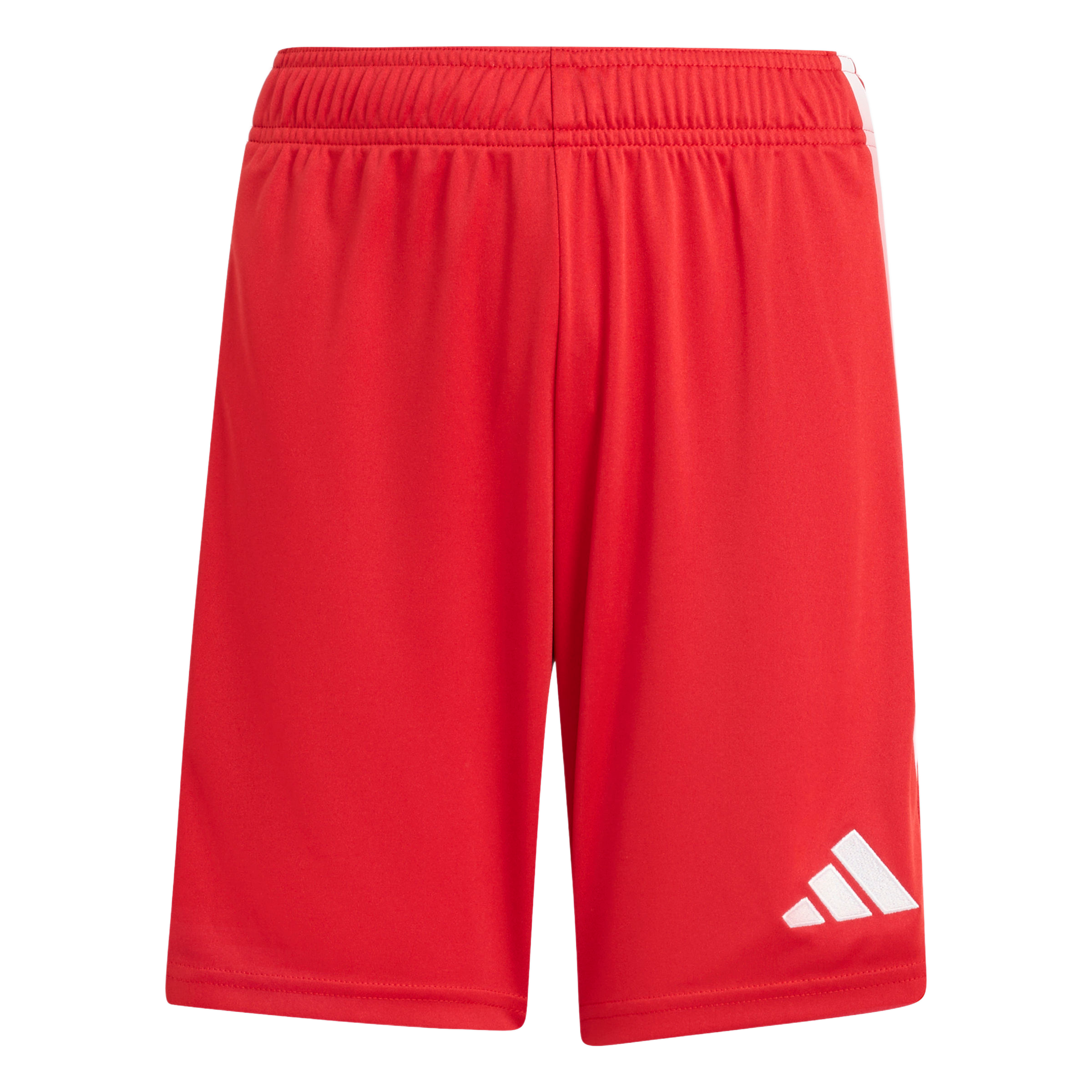 Red Adidas athletic shorts with an elastic waistband and a white three-bar logo on the bottom right leg.