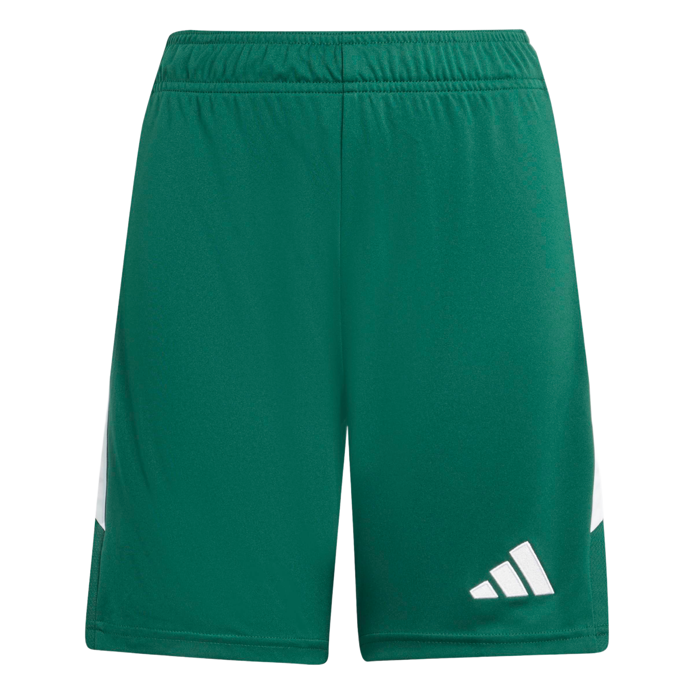 A pair of green Adidas athletic shorts with a white logo on the lower right leg and white panel accents on the sides.