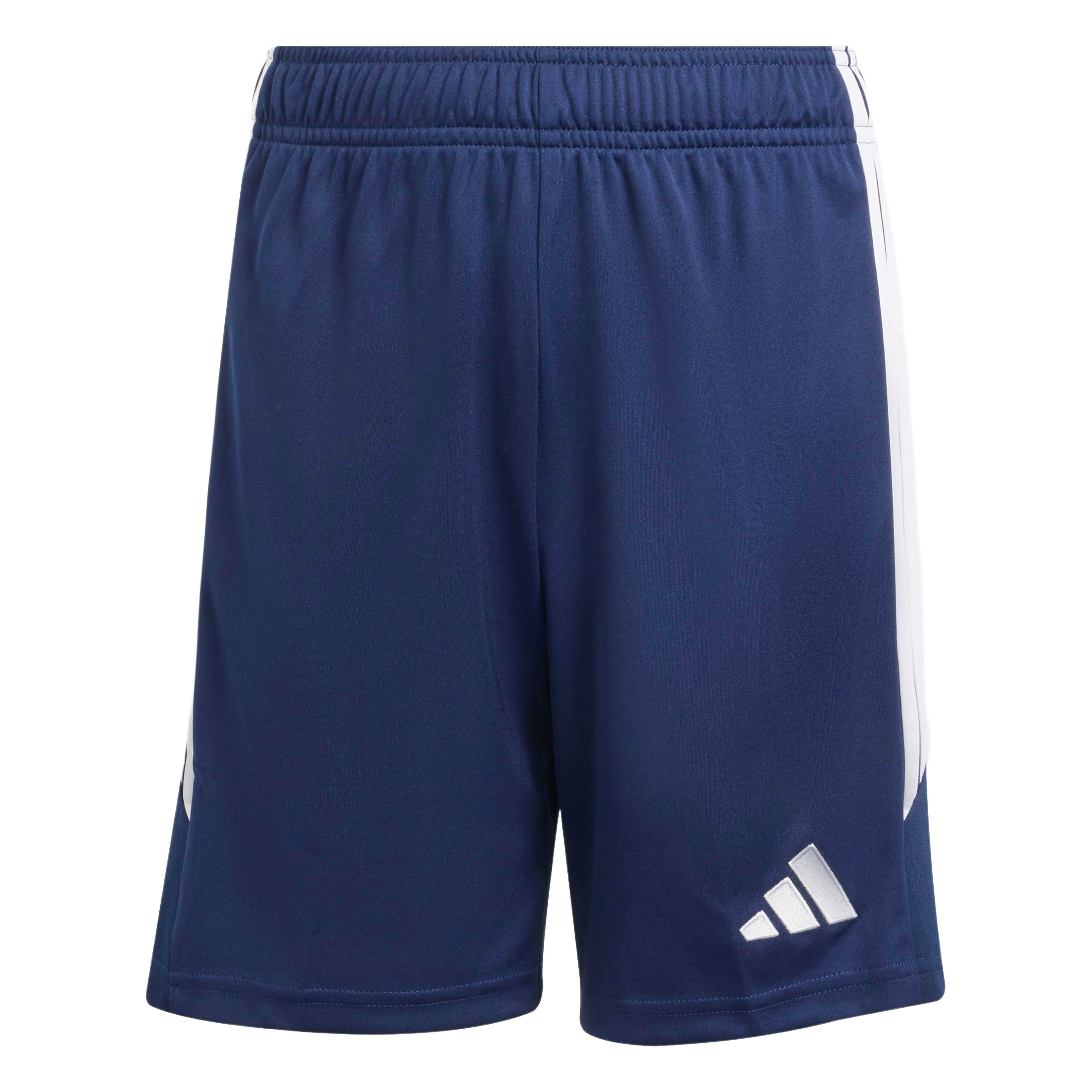 Navy blue Adidas athletic shorts with white stripes down the sides and a white logo on the bottom left leg.