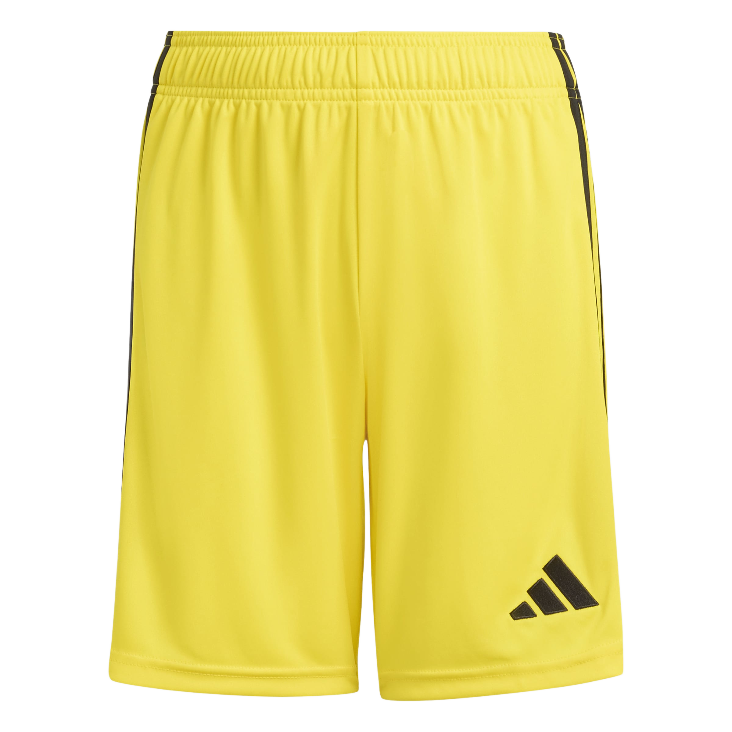 Bright yellow Adidas athletic shorts with an elastic waistband, black side stripes, and a black Adidas logo on the bottom left leg.