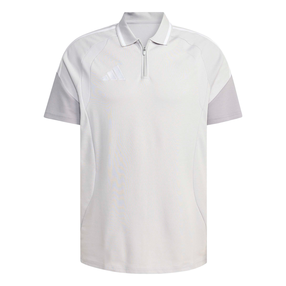 Short-sleeved light grey Adidas polo shirt featuring a half-zip collar, white chest logo, and subtle textured paneling.