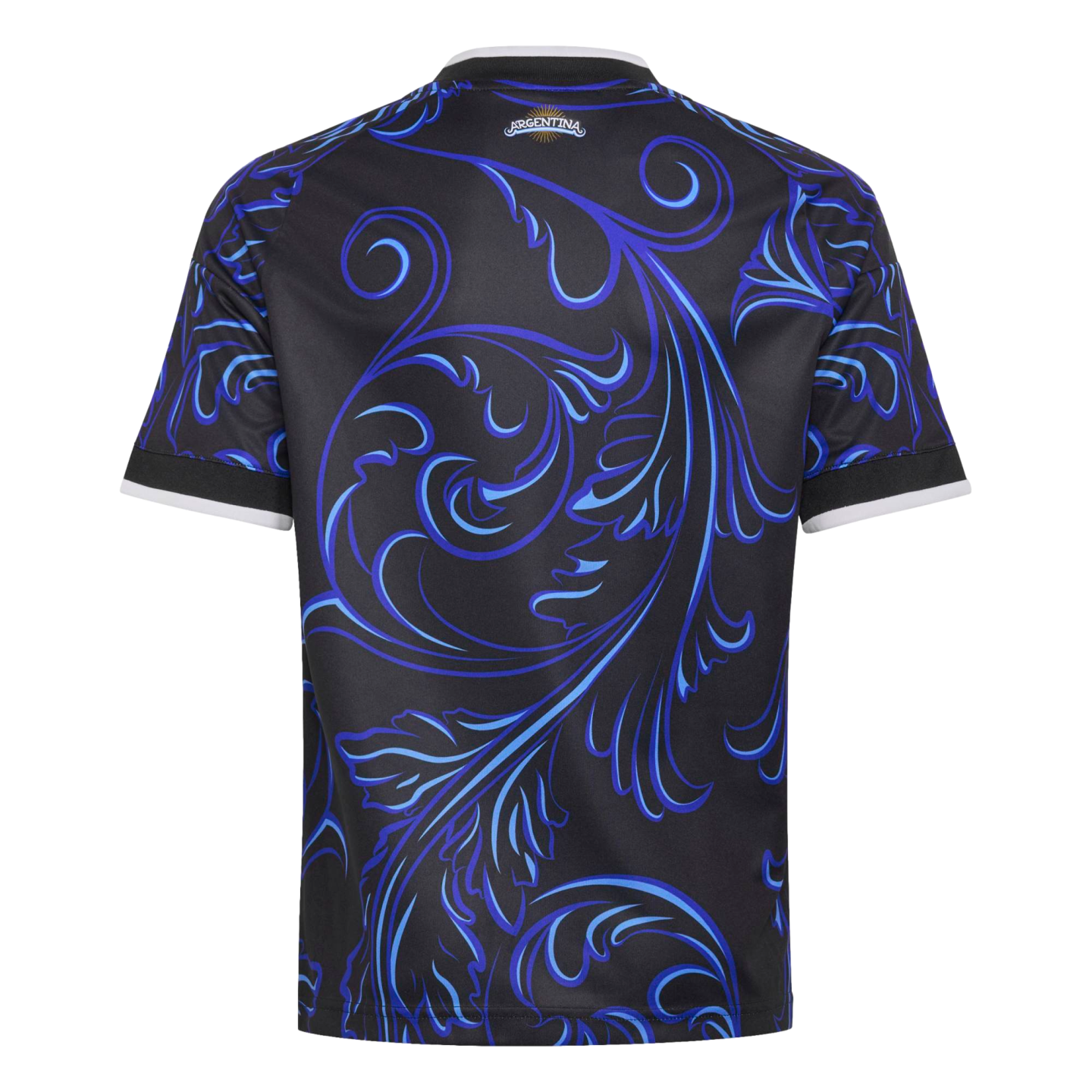 Back of a black Argentina jersey with a large, ornate blue swirling pattern and white trim on the collar and sleeves.