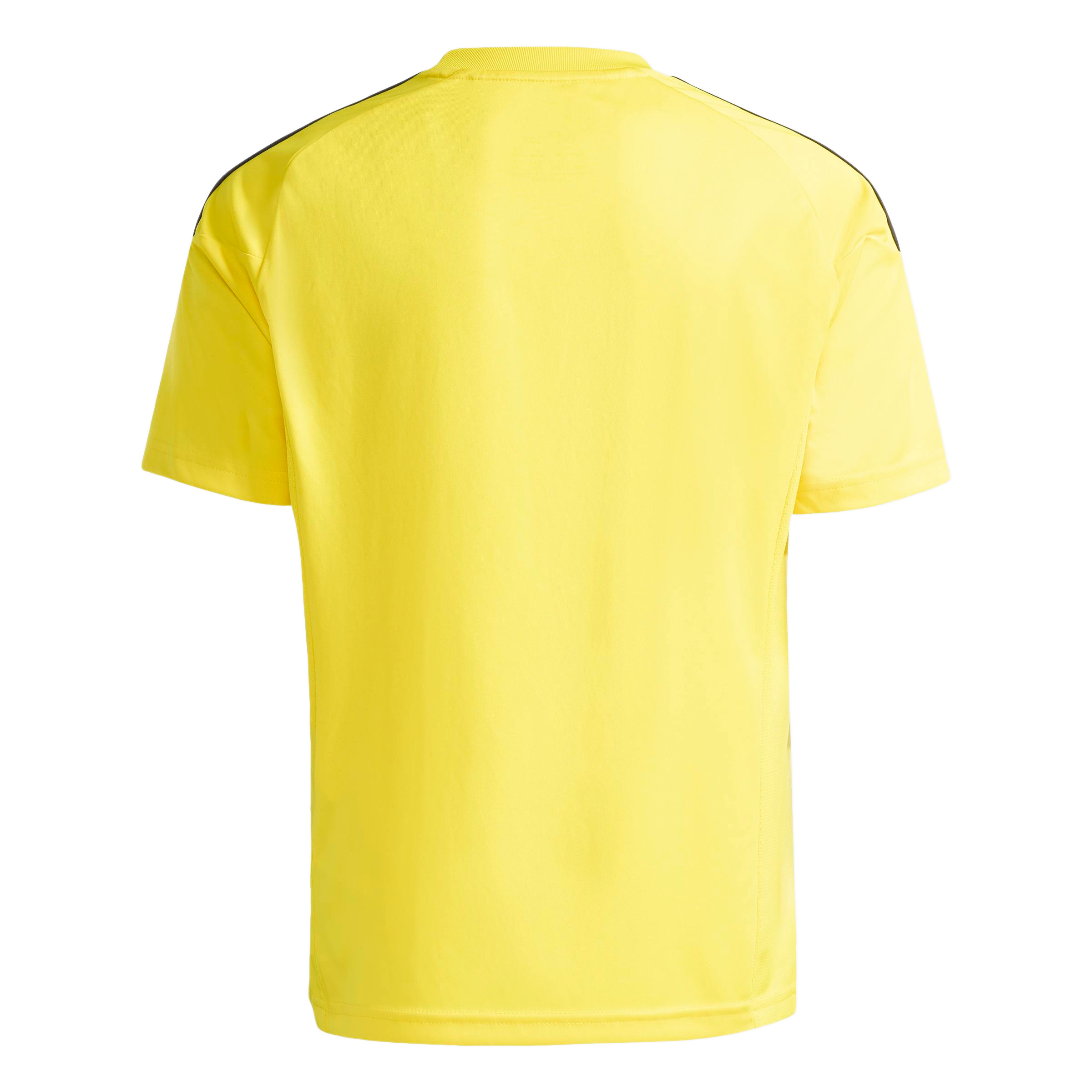 Back view of a yellow short-sleeved sports jersey with black stripes on the shoulders, shown against a solid gray background.