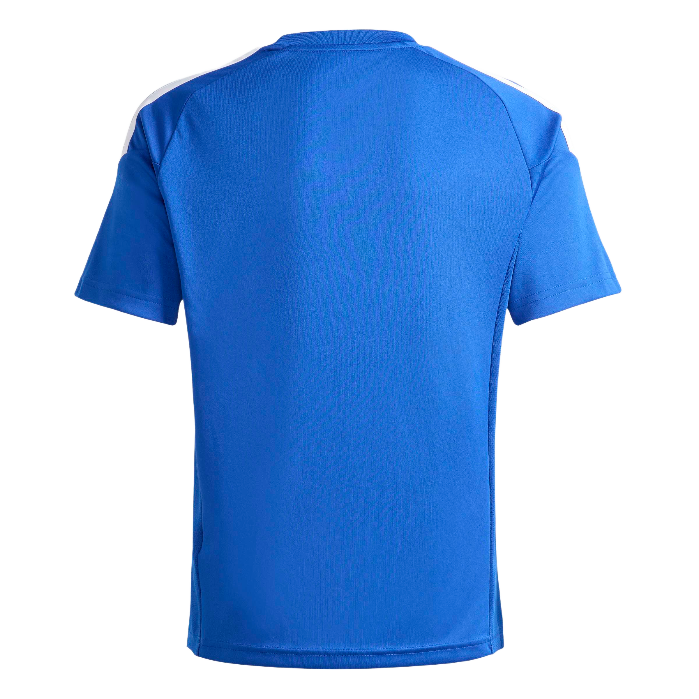 Back view of a blue short-sleeved athletic jersey with white stripes on the shoulders.