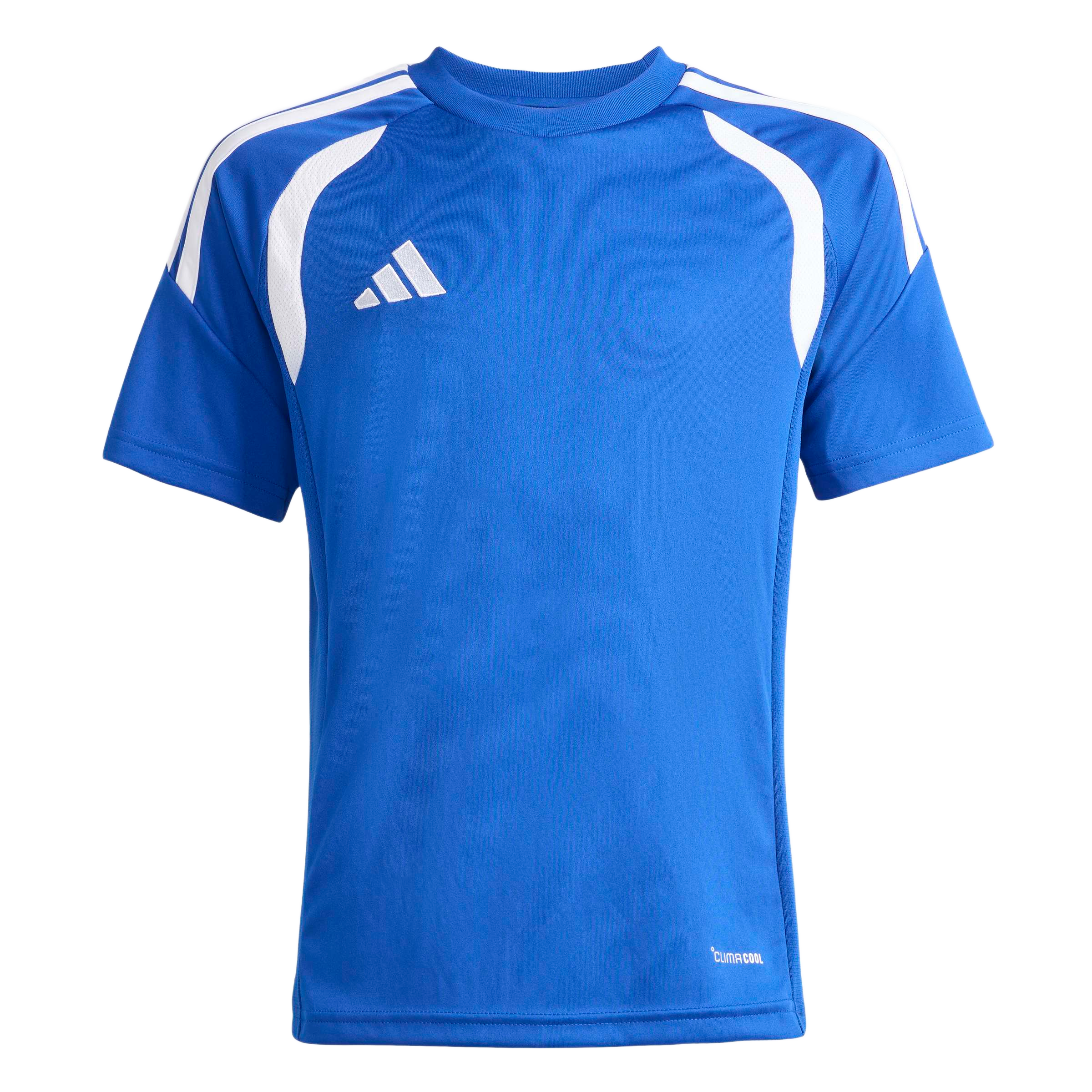 A blue short-sleeved Adidas sports jersey with white curved shoulder panels, white stripes on the sleeves, and a white chest logo. "CLIMACOOL" is printed at the bottom right.