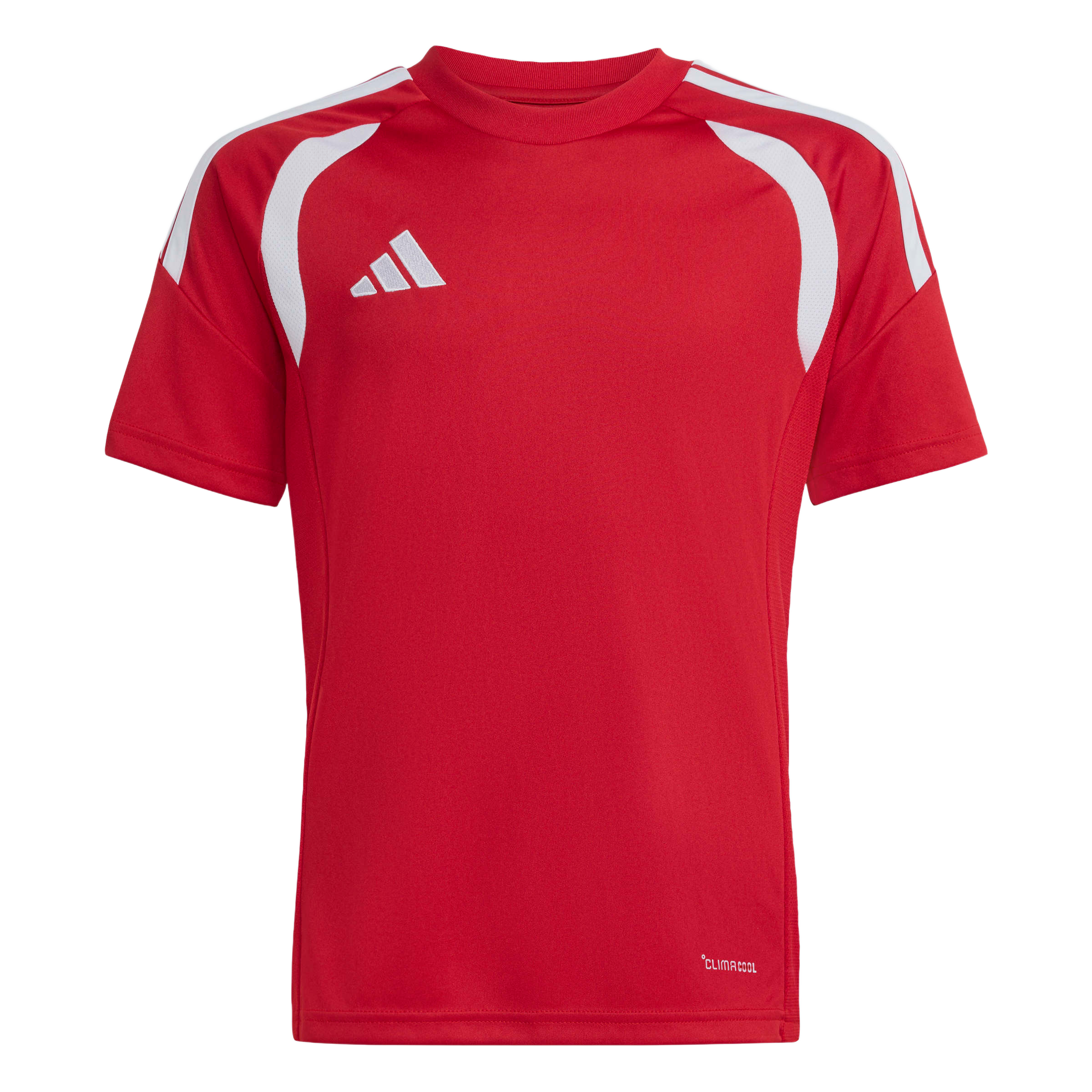 A red short-sleeve Adidas athletic jersey with white curved shoulder panels, three white stripes on the sleeves, and a white logo on the chest.