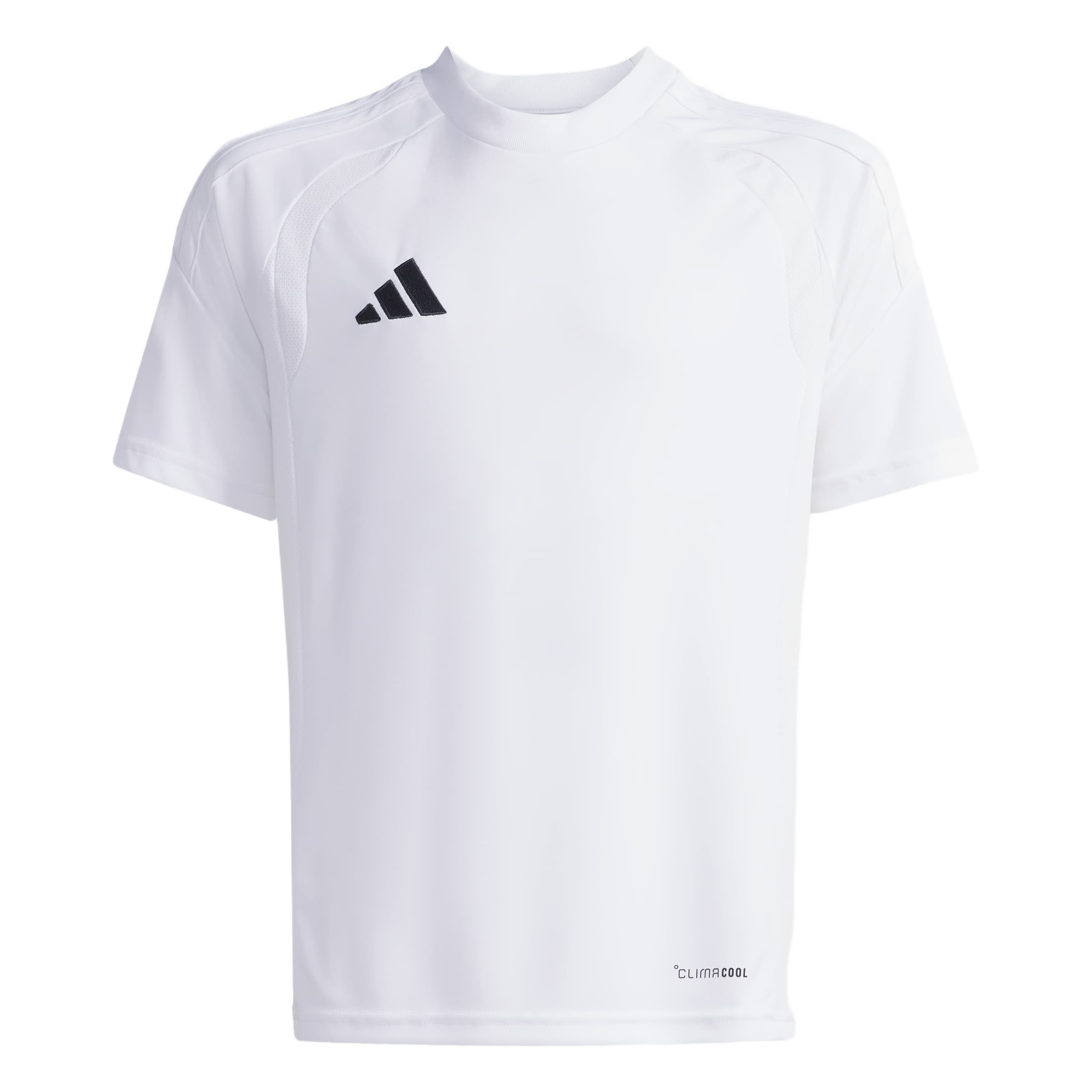 White Adidas short-sleeve training shirt with a black logo on the chest and ClimaCool branding on the lower hem.