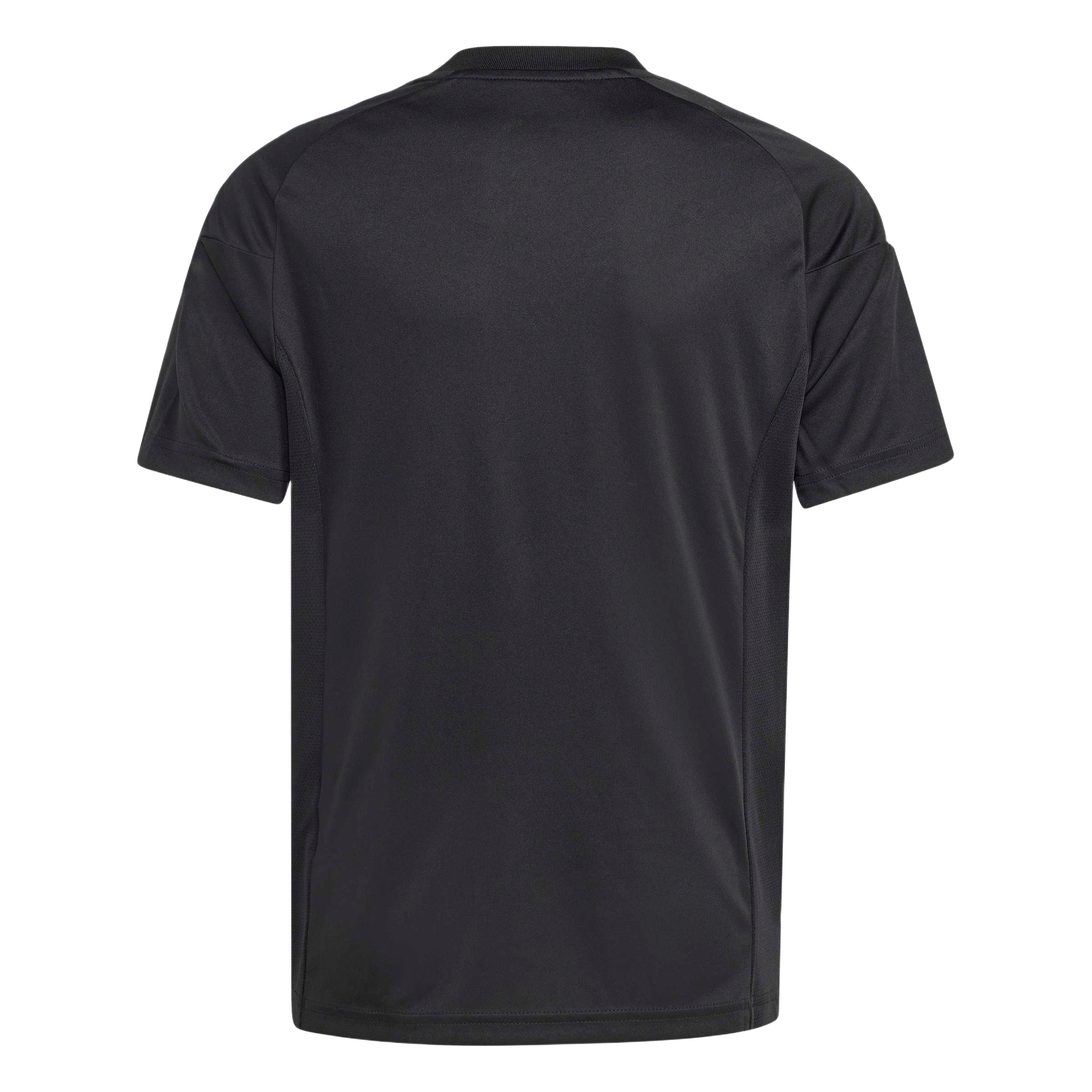 Back view of a black short-sleeved athletic shirt with raglan sleeves, subtle side mesh panels, and white stripes on the shoulders.