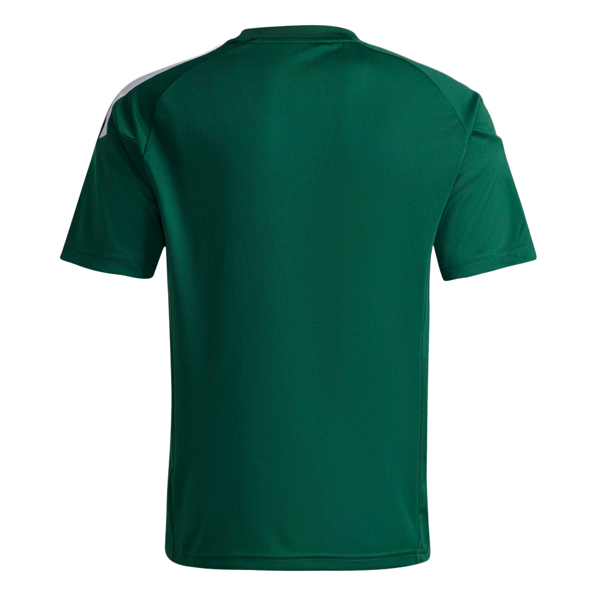 Rear view of a dark green short-sleeved sports jersey with three white stripes along the shoulders.