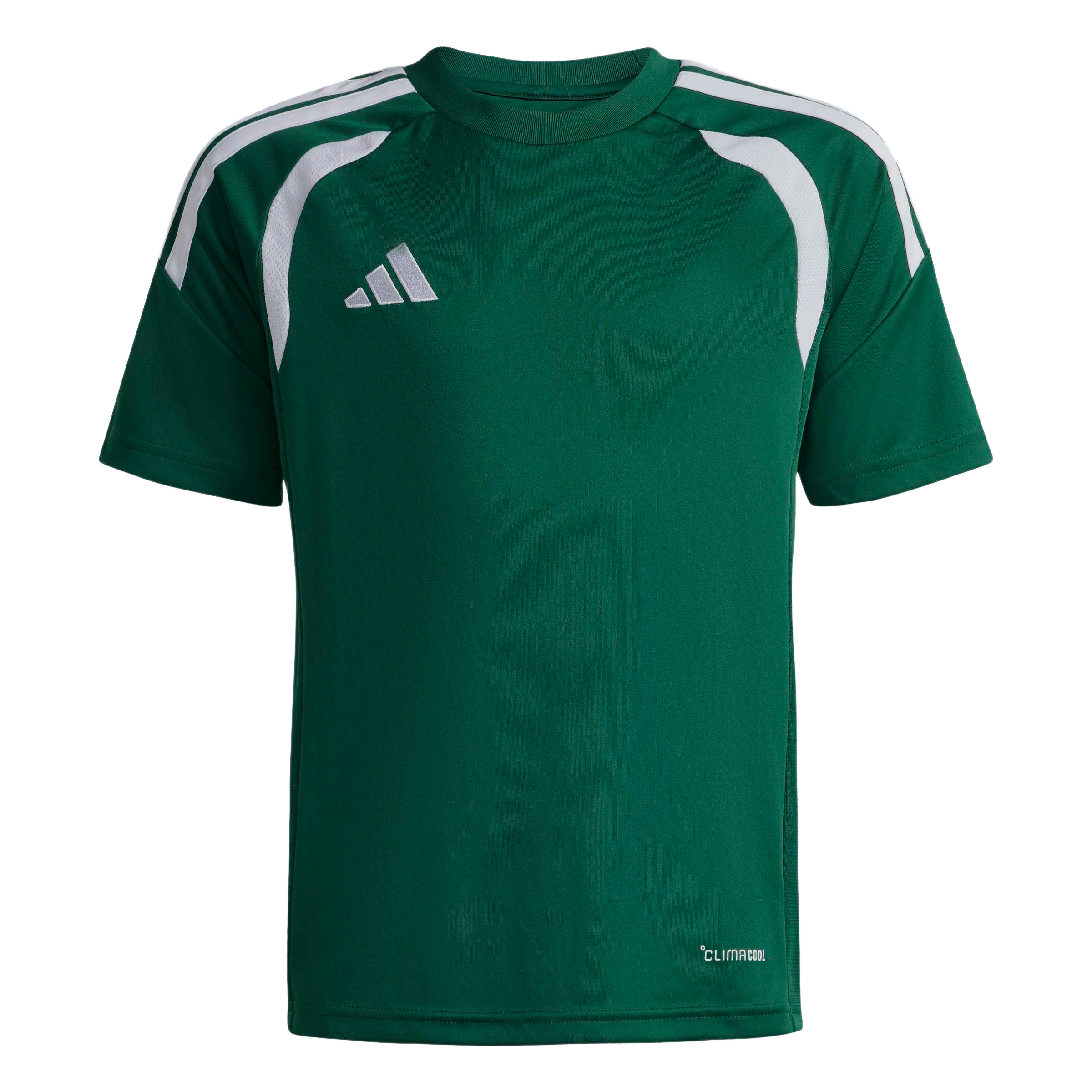 Dark green Adidas sports t-shirt with white shoulder stripes, white curved panels at the armholes, and a silver logo on the chest. "CLIMACOOL" is printed at the bottom hem.