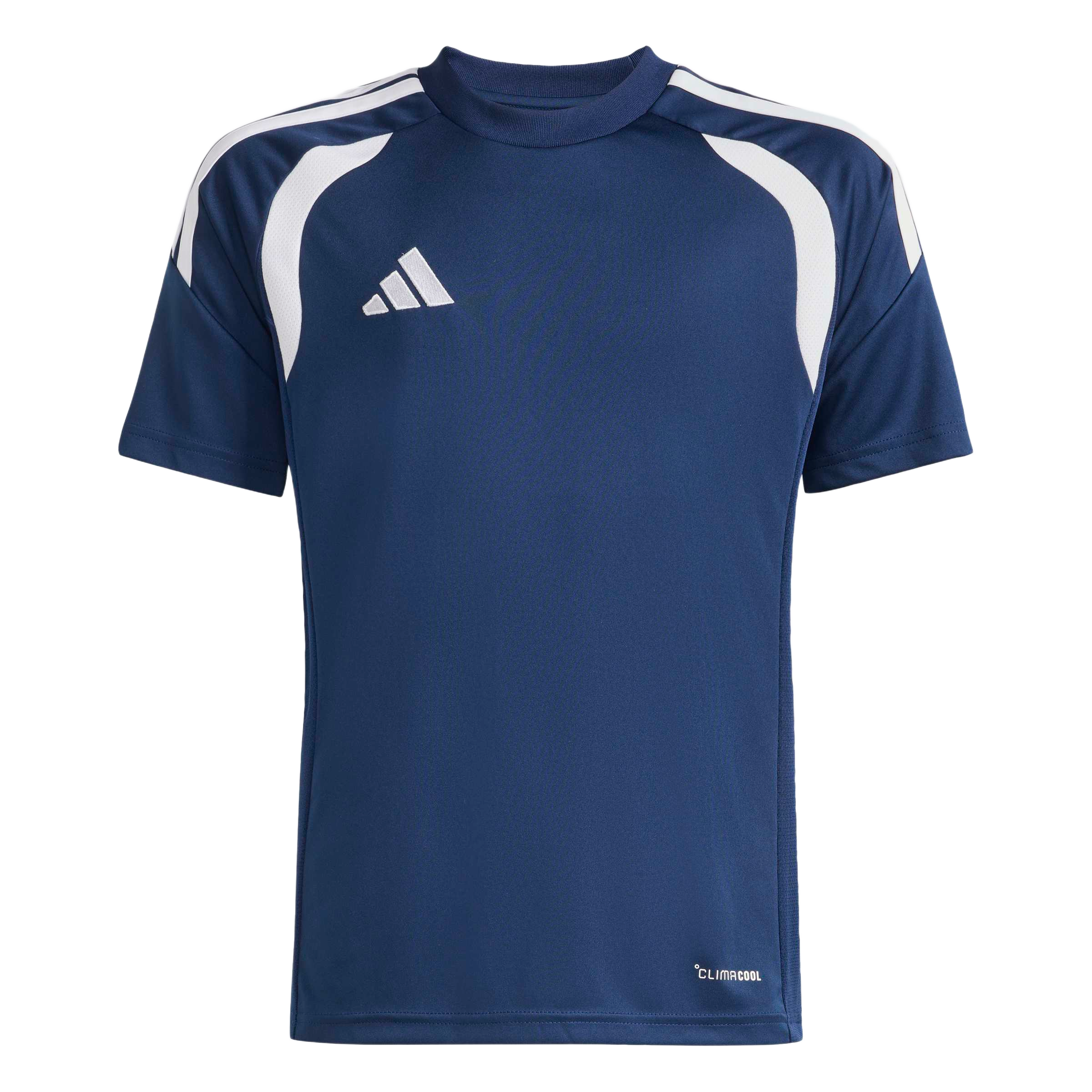 A navy blue short-sleeved Adidas jersey featuring white panels on the shoulders, a white logo on the chest, and "CLIMACOOL" text at the bottom.