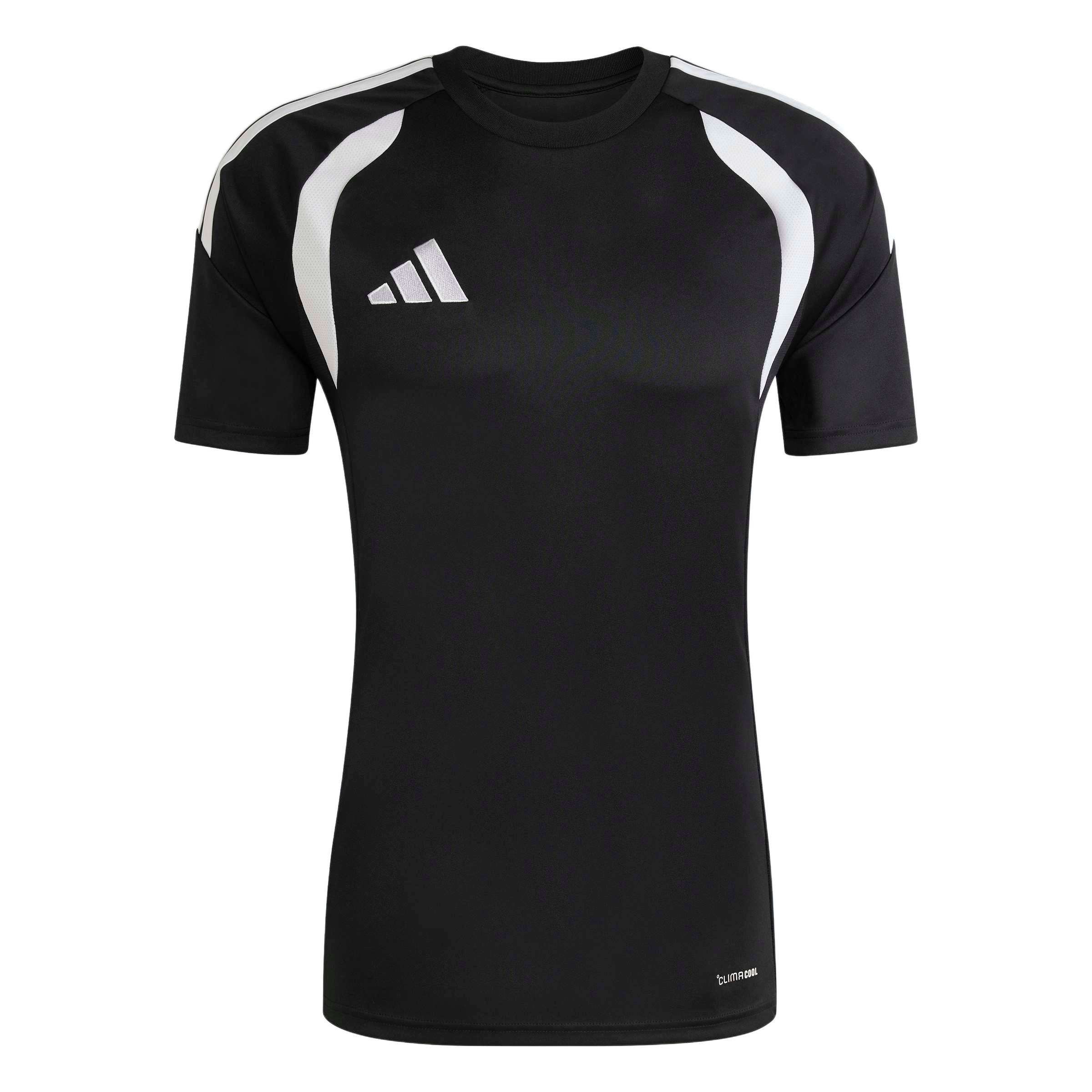 Black Adidas short-sleeve athletic shirt with white curved shoulder panels, a white chest logo, and "CLIMACOOL" text at the bottom hem.
