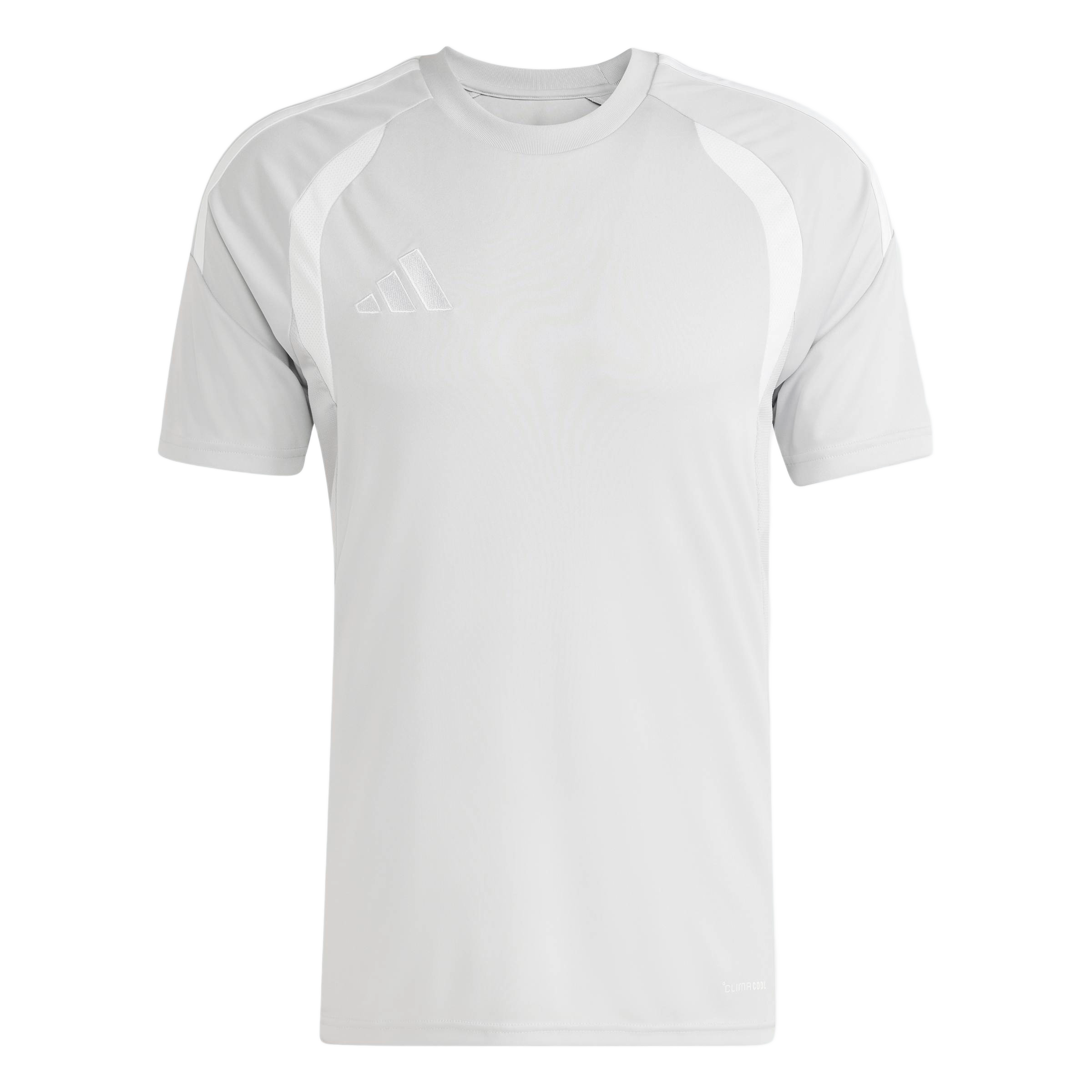 White short-sleeved Adidas athletic t-shirt featuring a crew neck, a subtle white logo on the chest, and "CLIMACOOL" text near the hem.
