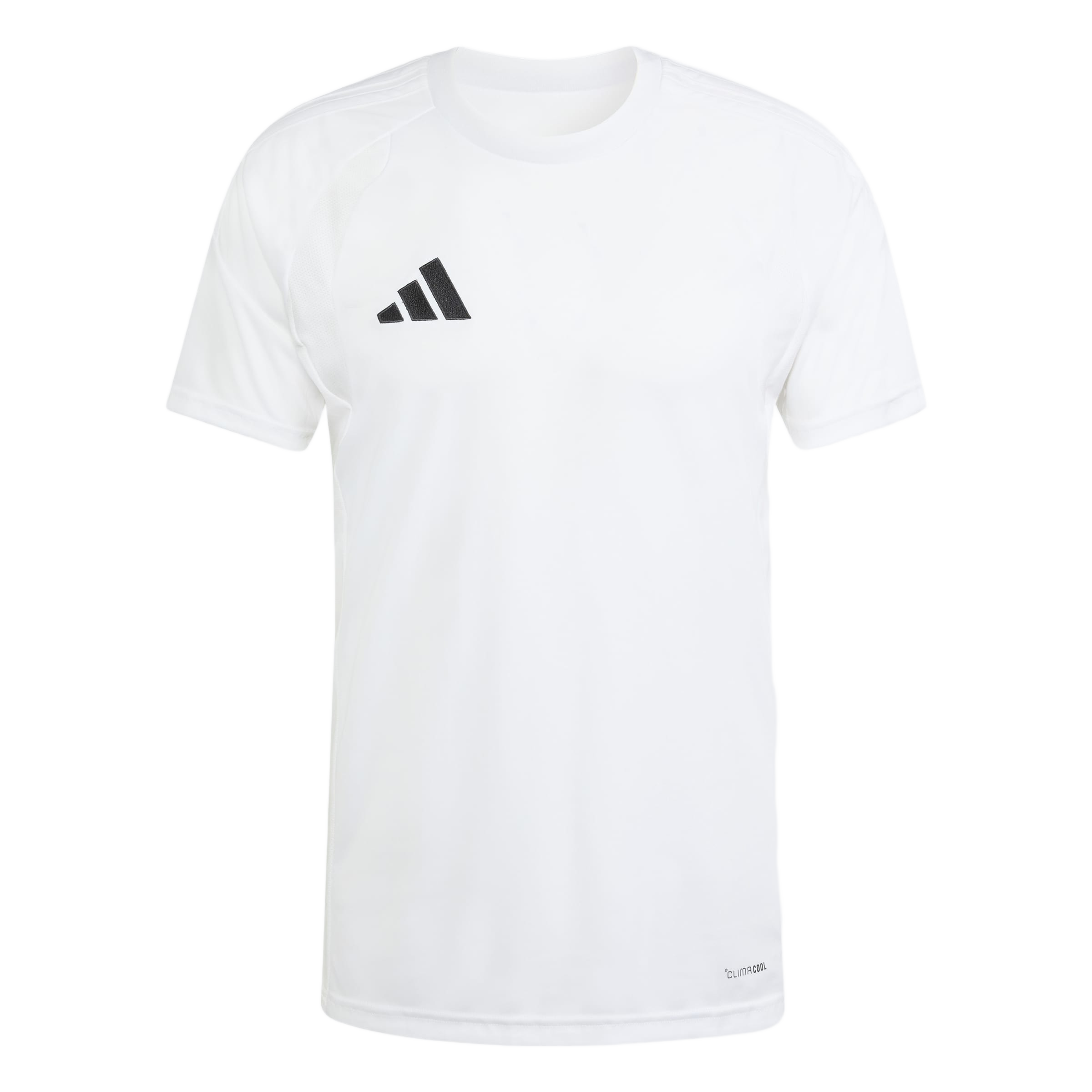 White Adidas short-sleeved athletic t-shirt featuring a black logo on the chest and small "CLIMA COOL" text near the hem.