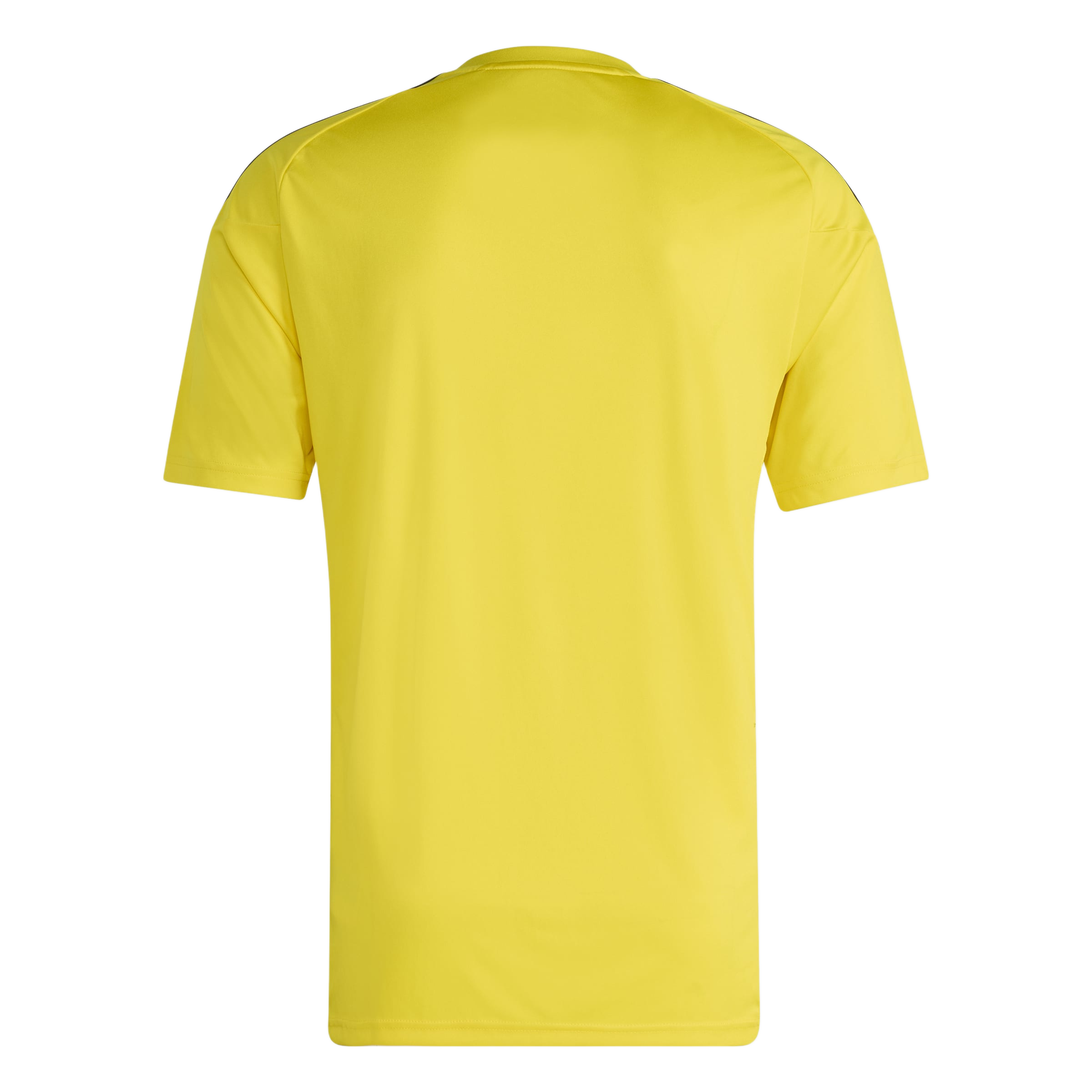Rear view of a bright yellow short-sleeve athletic shirt with black stripes on the shoulders.