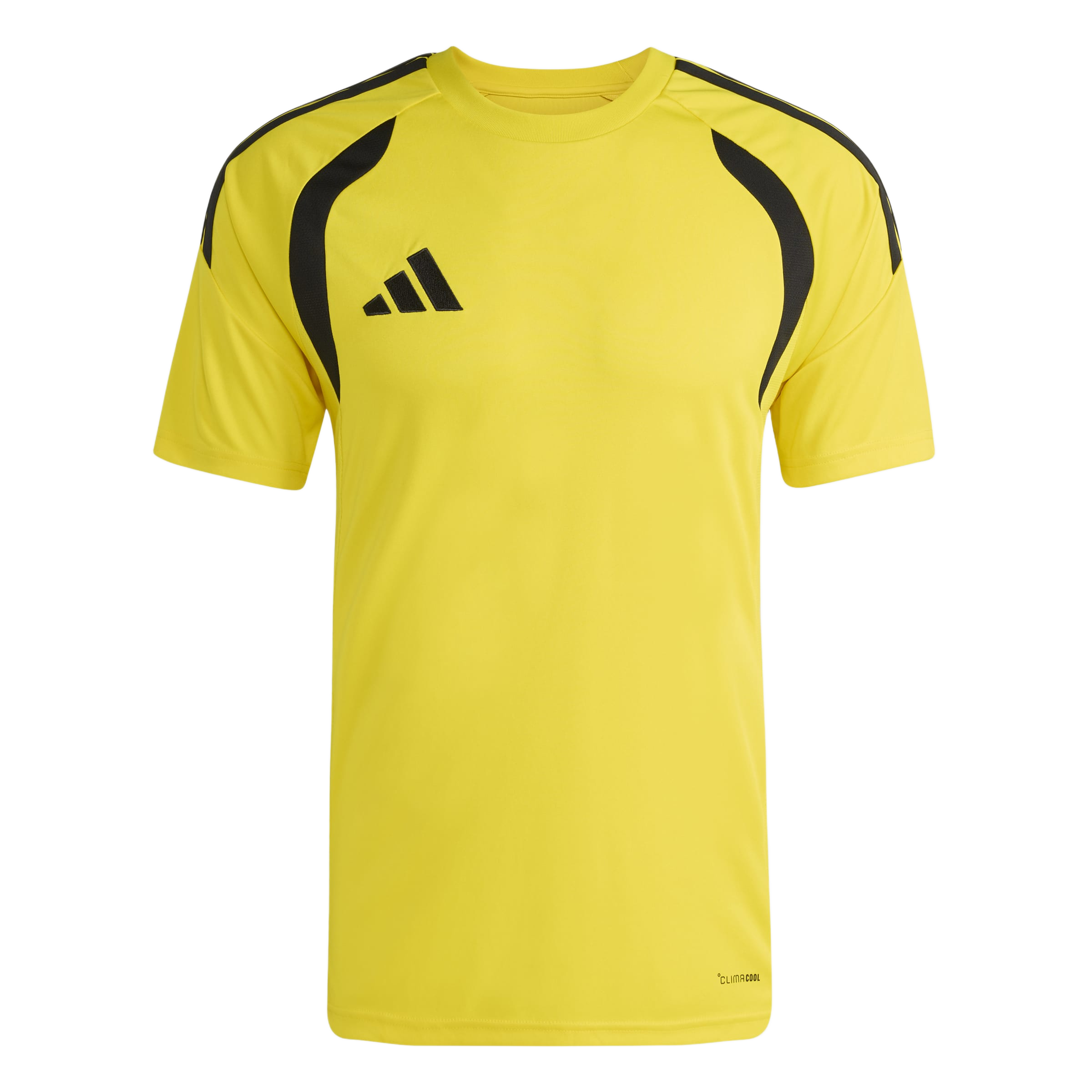 A yellow Adidas short-sleeve training shirt featuring black shoulder details and logo.