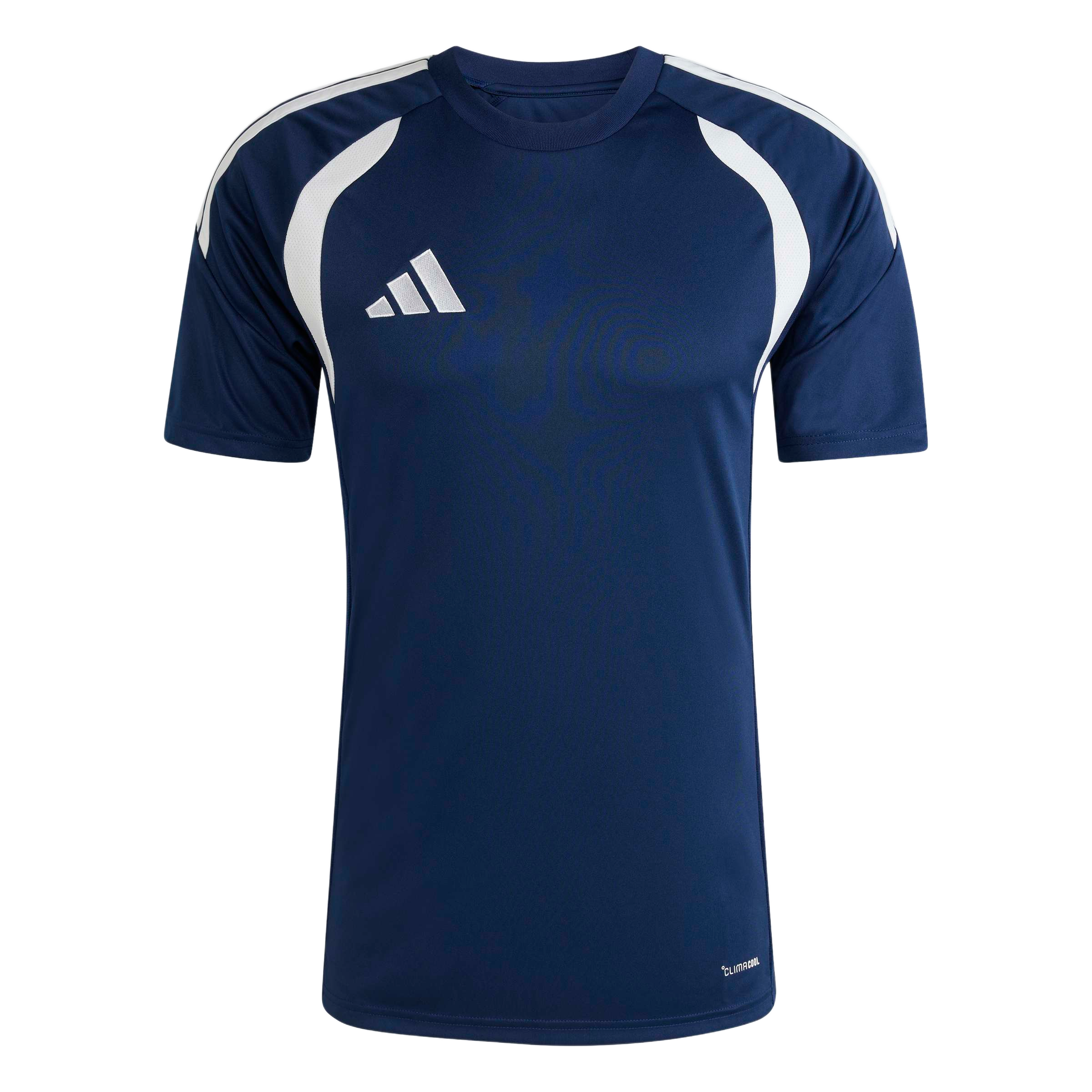 A navy blue short-sleeved Adidas athletic jersey featuring white shoulder stripes, curved white panels on the chest, and a white Adidas logo.