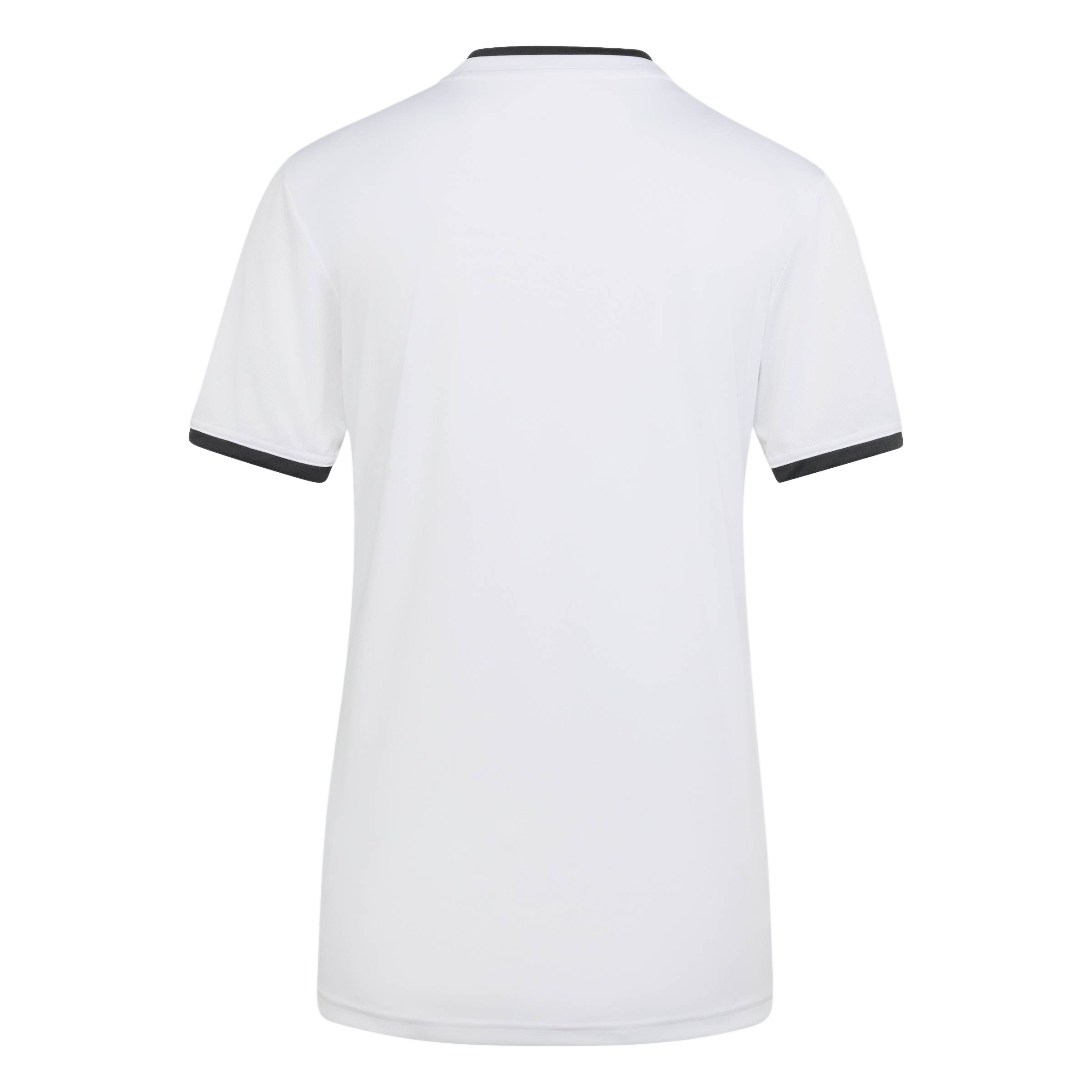 The back of a white, short-sleeved t-shirt with black trim on the collar and sleeve cuffs, shown against a plain light grey background.