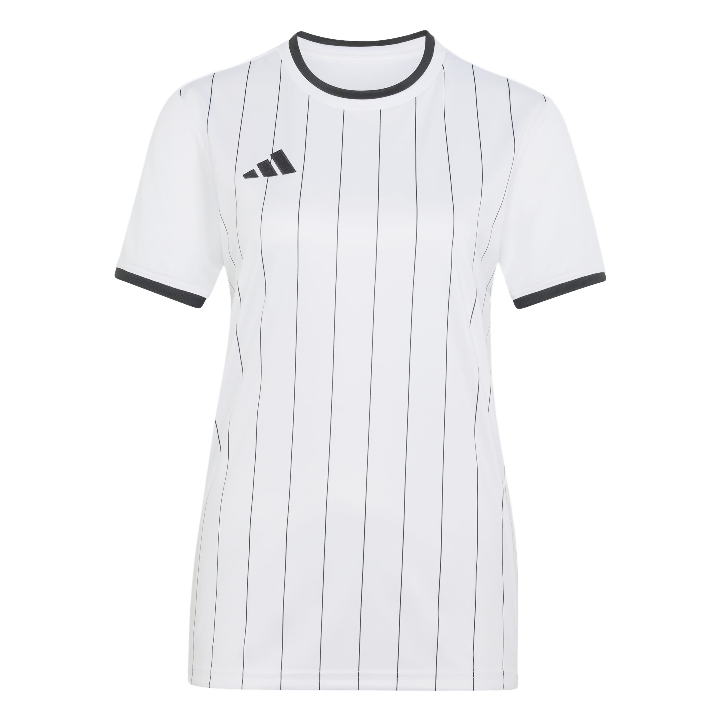 White short-sleeved jersey with thin vertical black pinstripes. It features a black crew neck collar, black sleeve trim, and the Adidas logo on the chest.