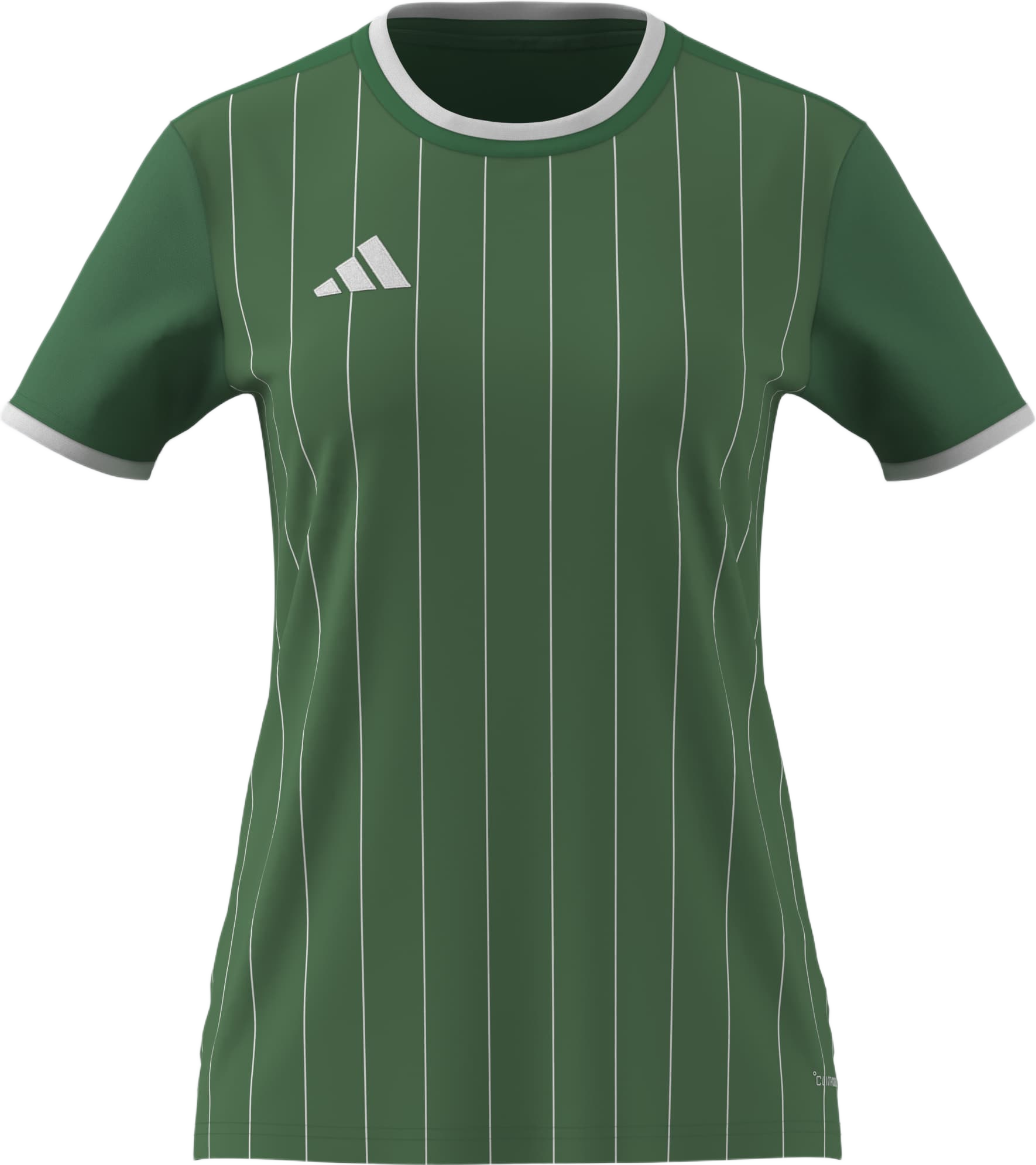 Dark green Adidas soccer jersey featuring thin white vertical pinstripes on the front, a white crew neck, white sleeve cuffs, and a white chest logo.