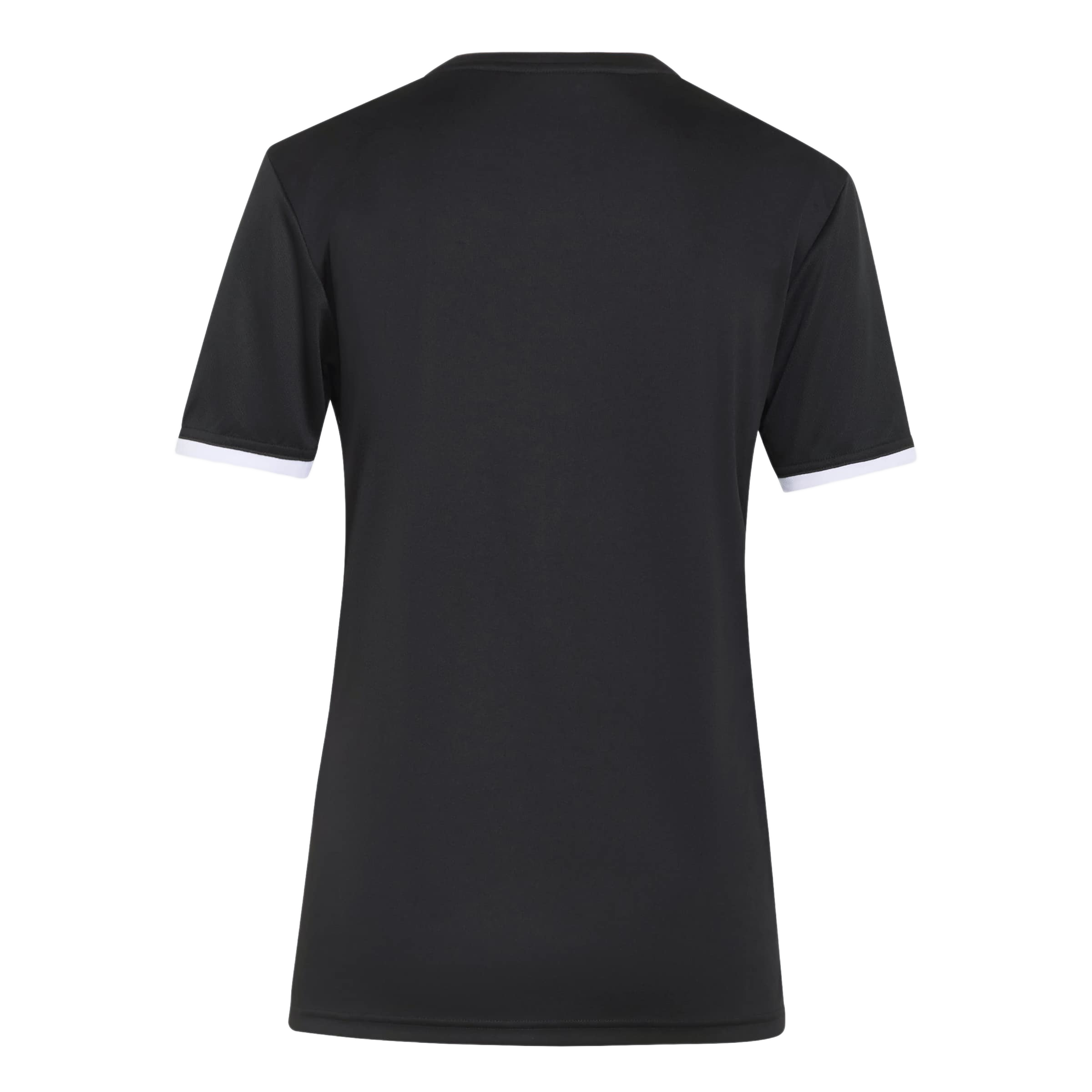Back view of a black short-sleeved T-shirt with white trim at the crew neck and sleeve cuffs, displayed against a light gray background.