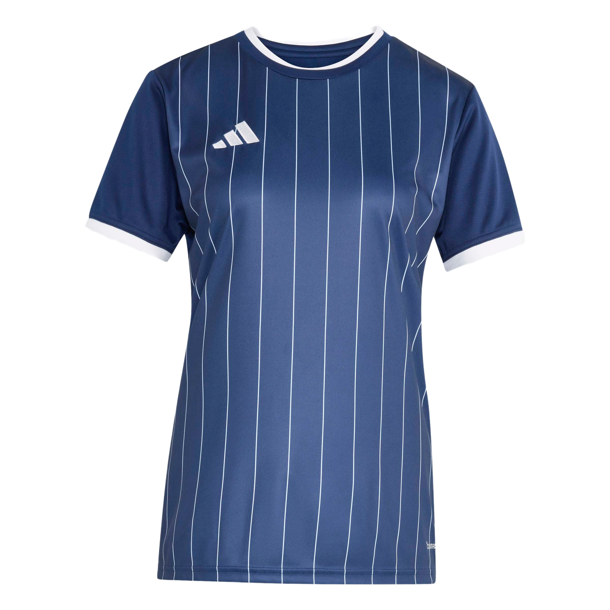 A navy blue short-sleeved Adidas soccer jersey with thin white vertical pinstripes, white collar and cuffs, and a white logo on the chest.
