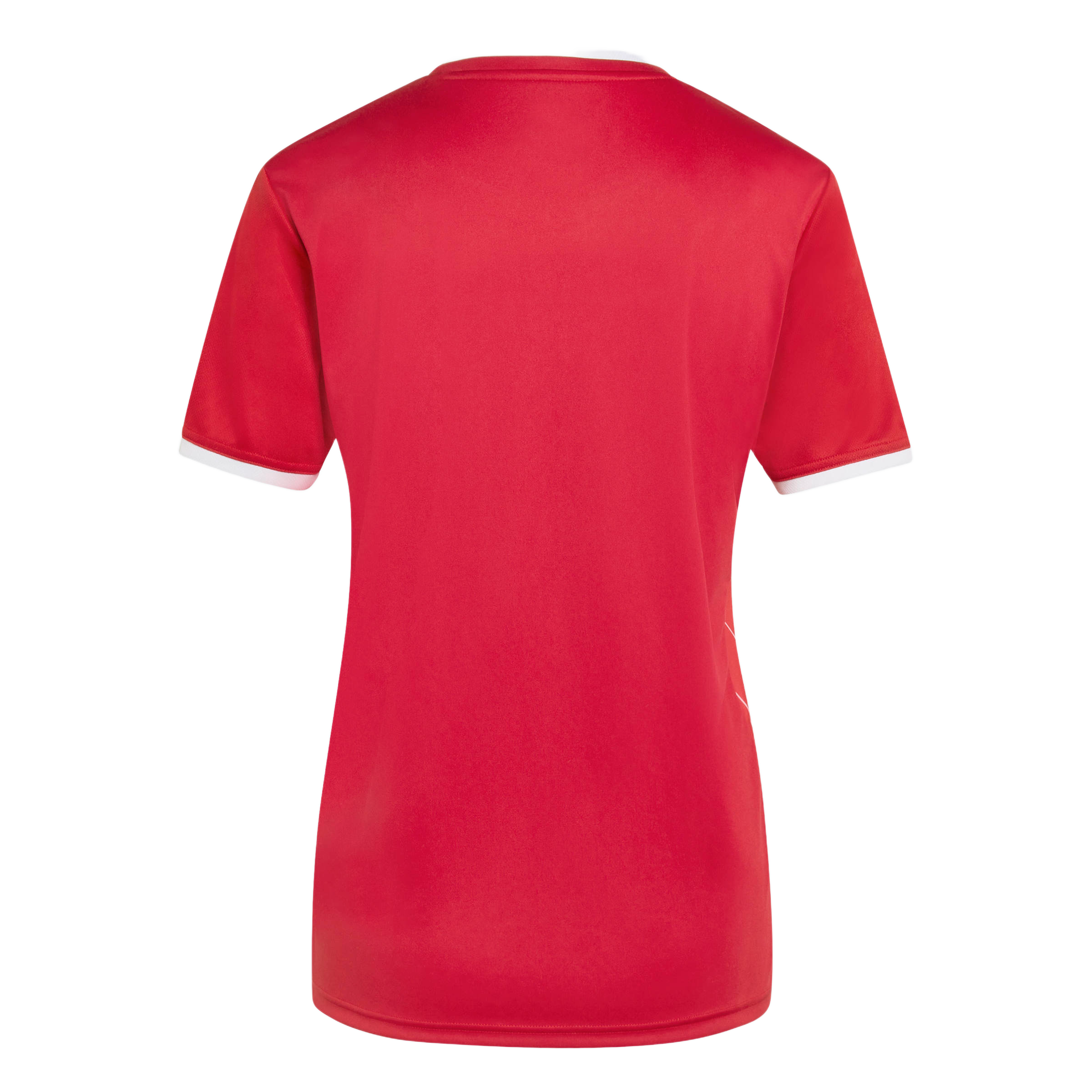 Back view of a red short-sleeved shirt with white collar and sleeve trim, shown on a light gray background.