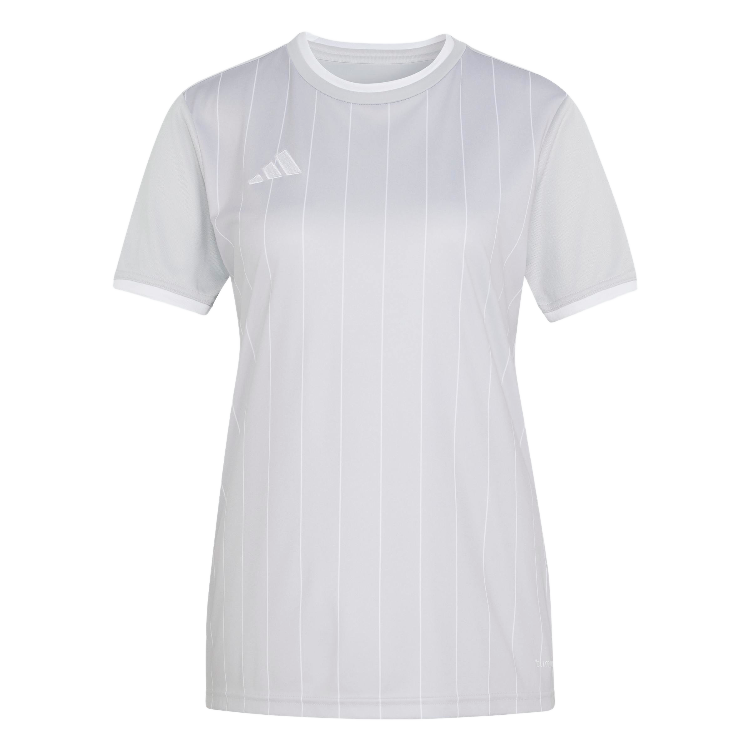 Light grey Adidas short-sleeved t-shirt with thin white vertical pinstripes and a crew neck.