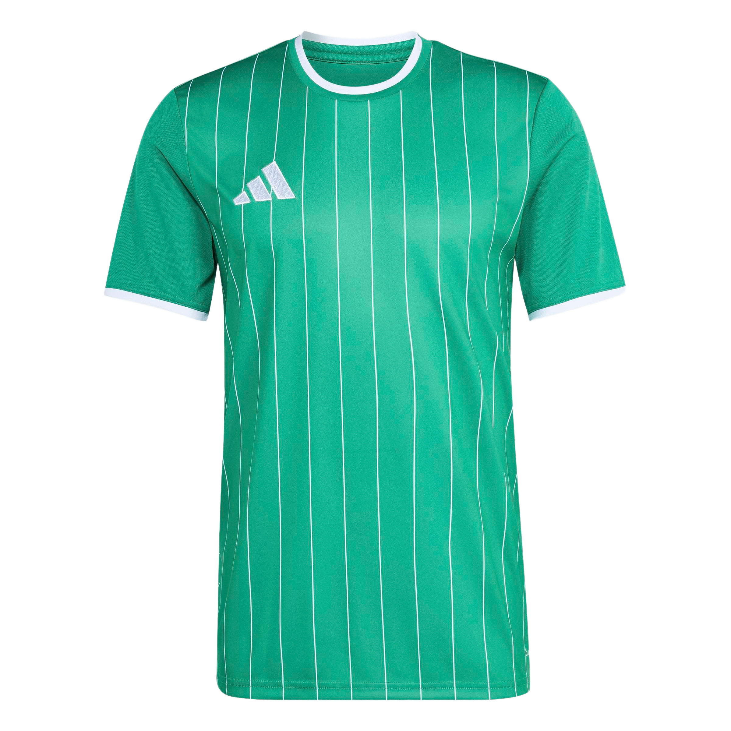Short-sleeved green Adidas jersey featuring thin white vertical pinstripes, a white crew neck, and white trim on the sleeve cuffs.