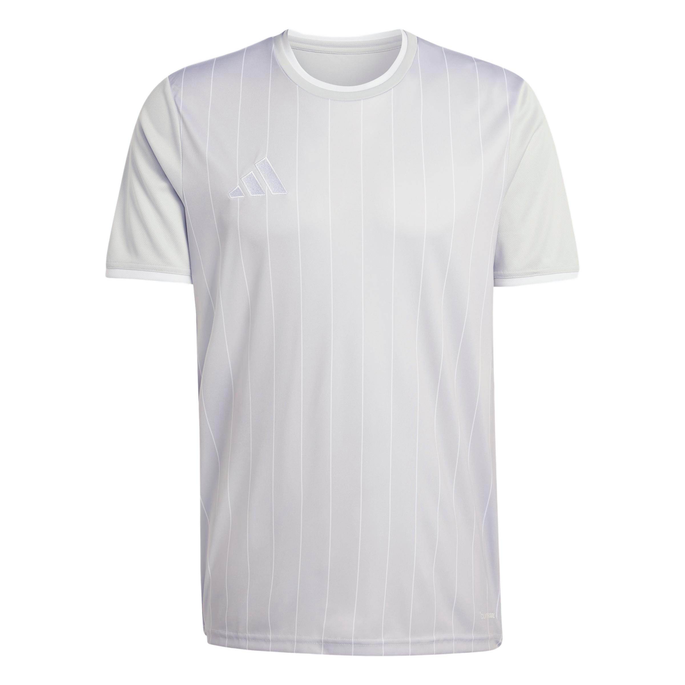 White Adidas short-sleeved jersey with light vertical pinstripes, featuring a crew neck and the brand's logo on the right chest.