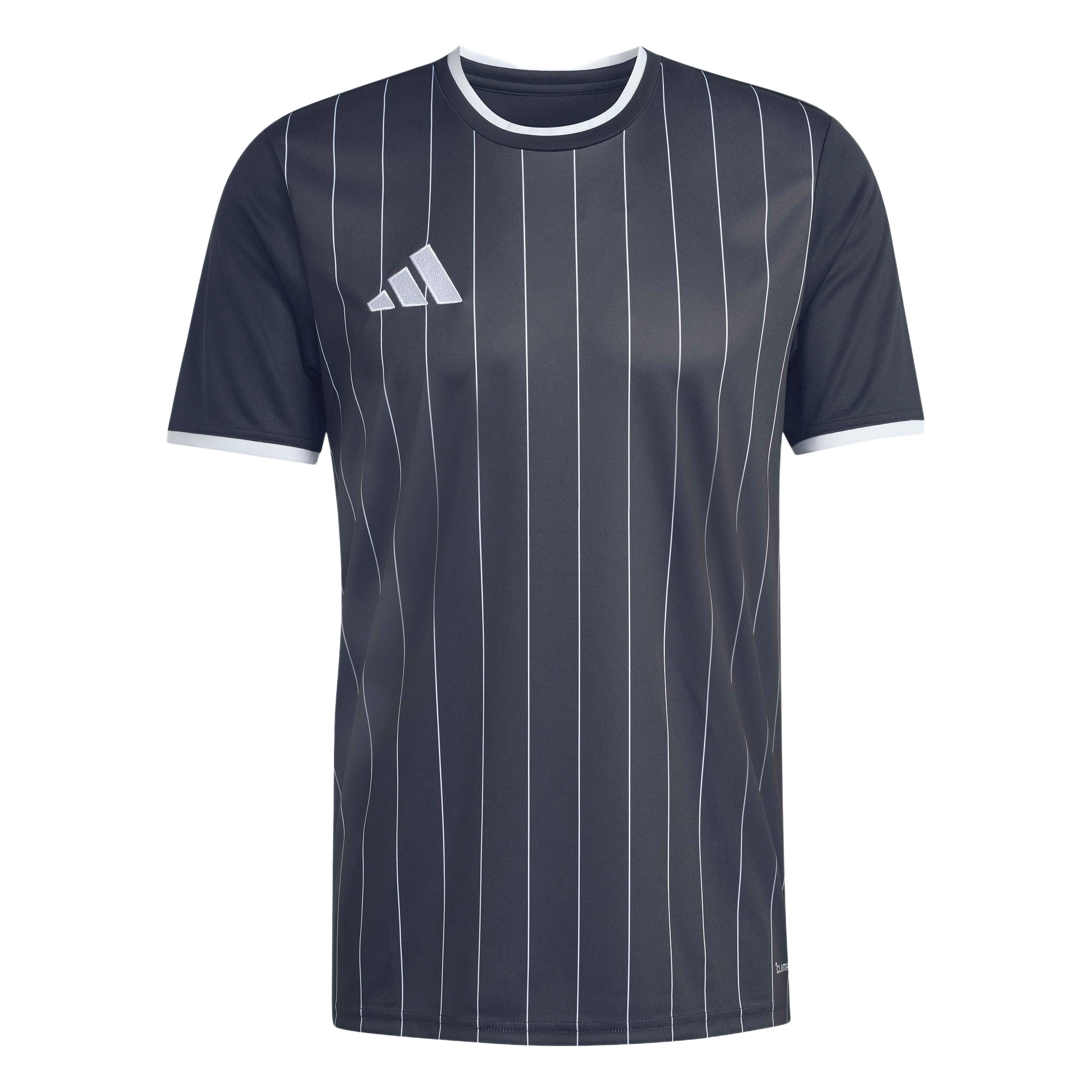 Dark grey short-sleeved Adidas jersey with thin white vertical pinstripes, a white crew neck, and white sleeve trim. The Adidas logo is on the right chest.