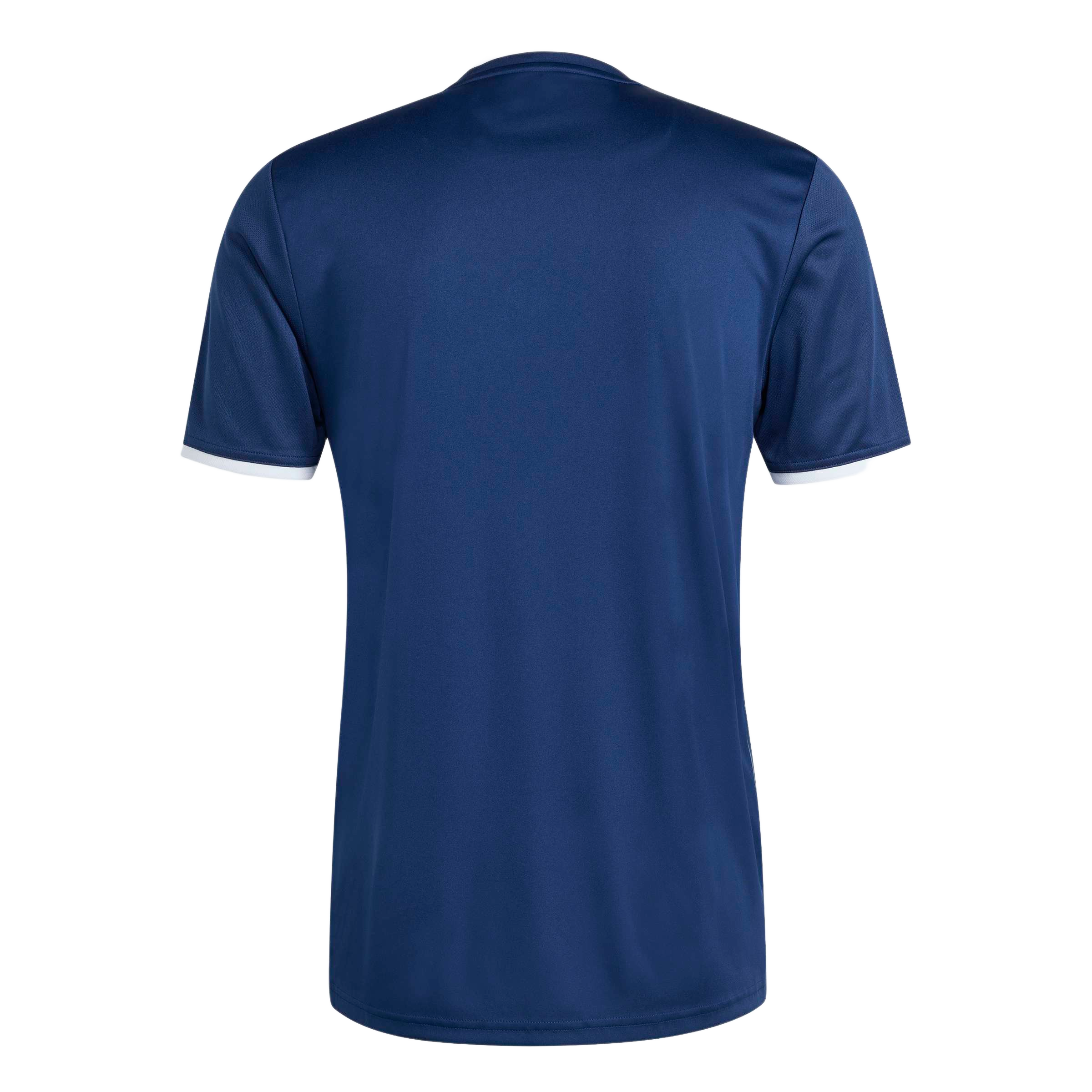Back view of a navy blue short-sleeved athletic shirt with white trim on the crew neck and sleeve cuffs.