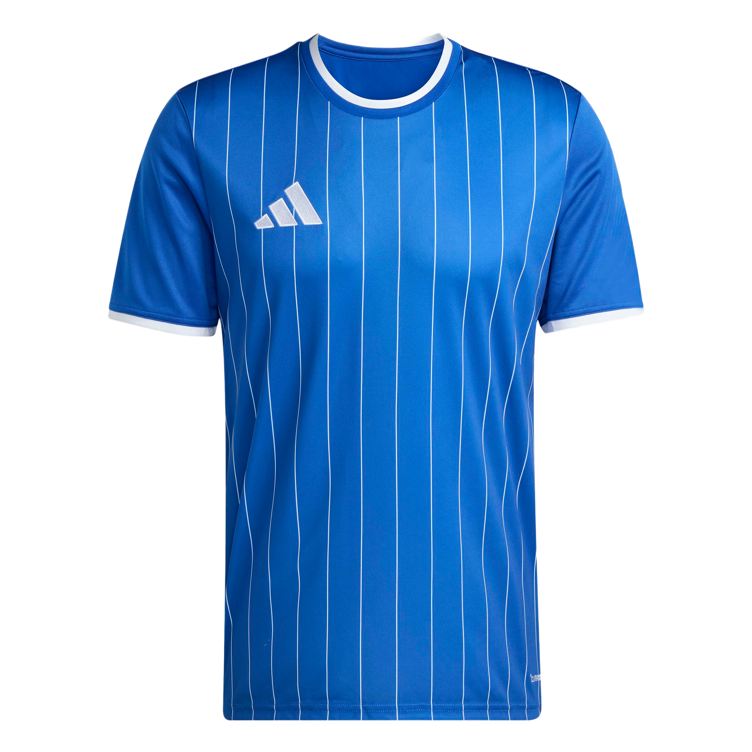 A royal blue Adidas jersey featuring thin white vertical pinstripes, a white crew neck, and matching sleeve cuffs.