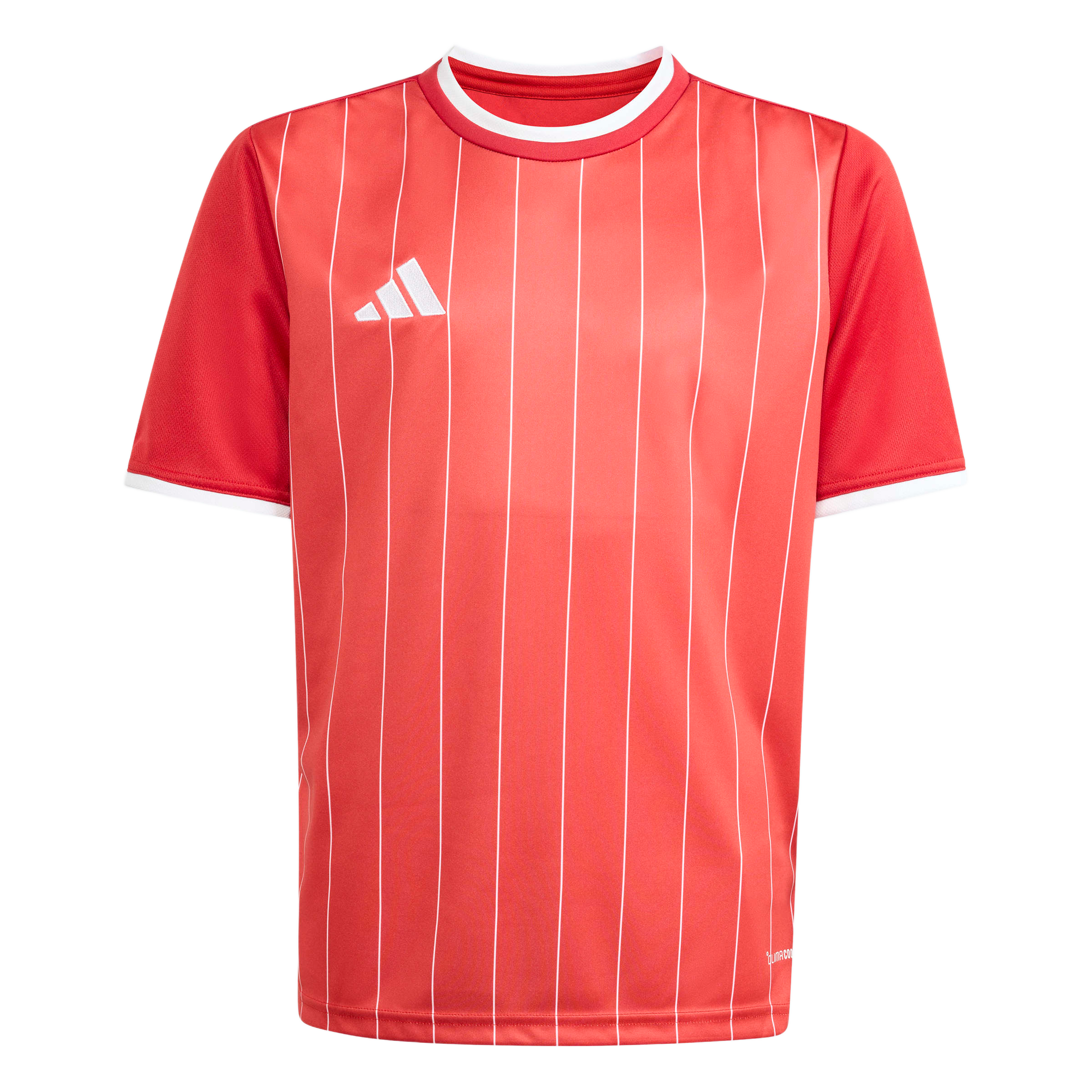 Red Adidas jersey featuring thin white vertical pinstripes, a white crew neck, and white sleeve cuffs. A white Adidas logo is displayed on the right chest.