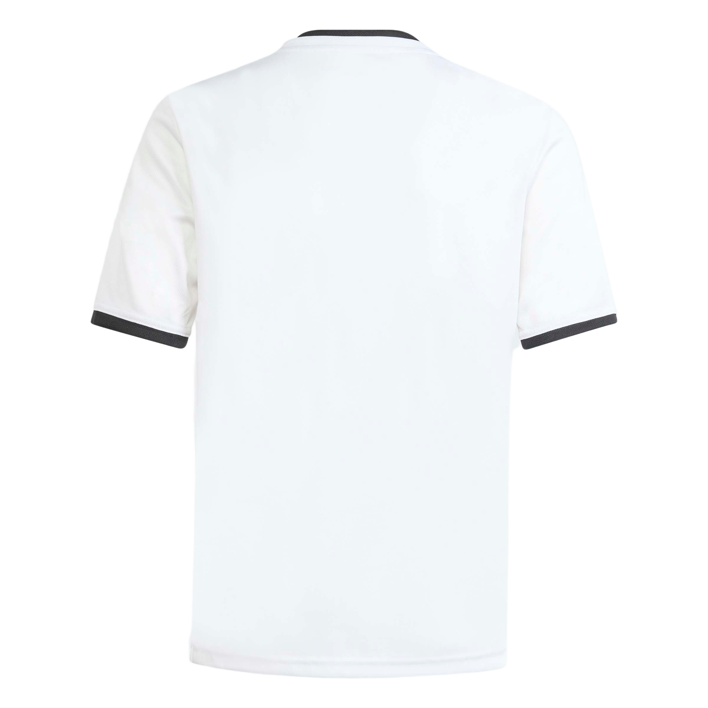 Rear view of a plain white short-sleeve athletic shirt with black trim on the collar and sleeve cuffs.