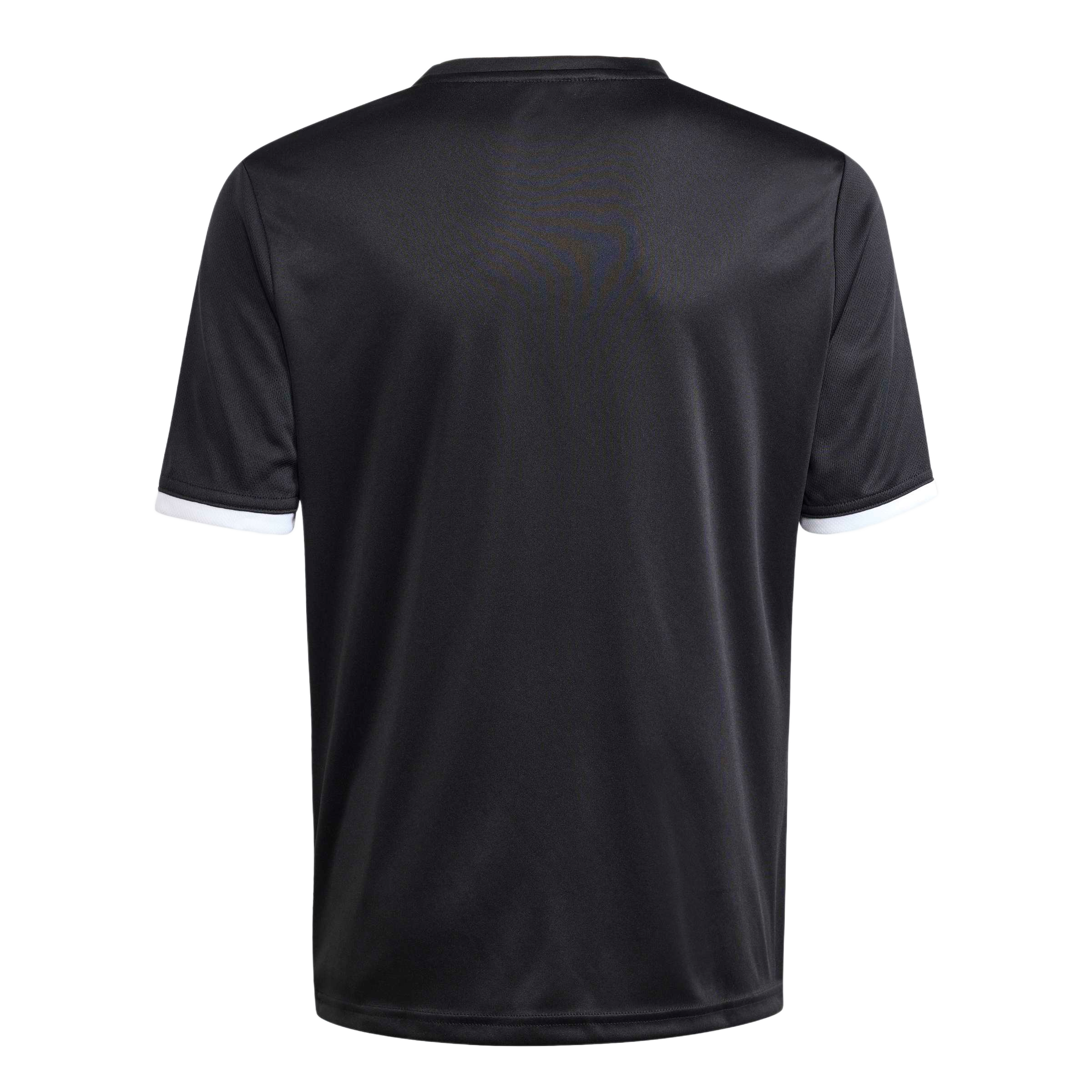 Back view of a black short-sleeved athletic jersey with white trim on the collar and sleeve cuffs.