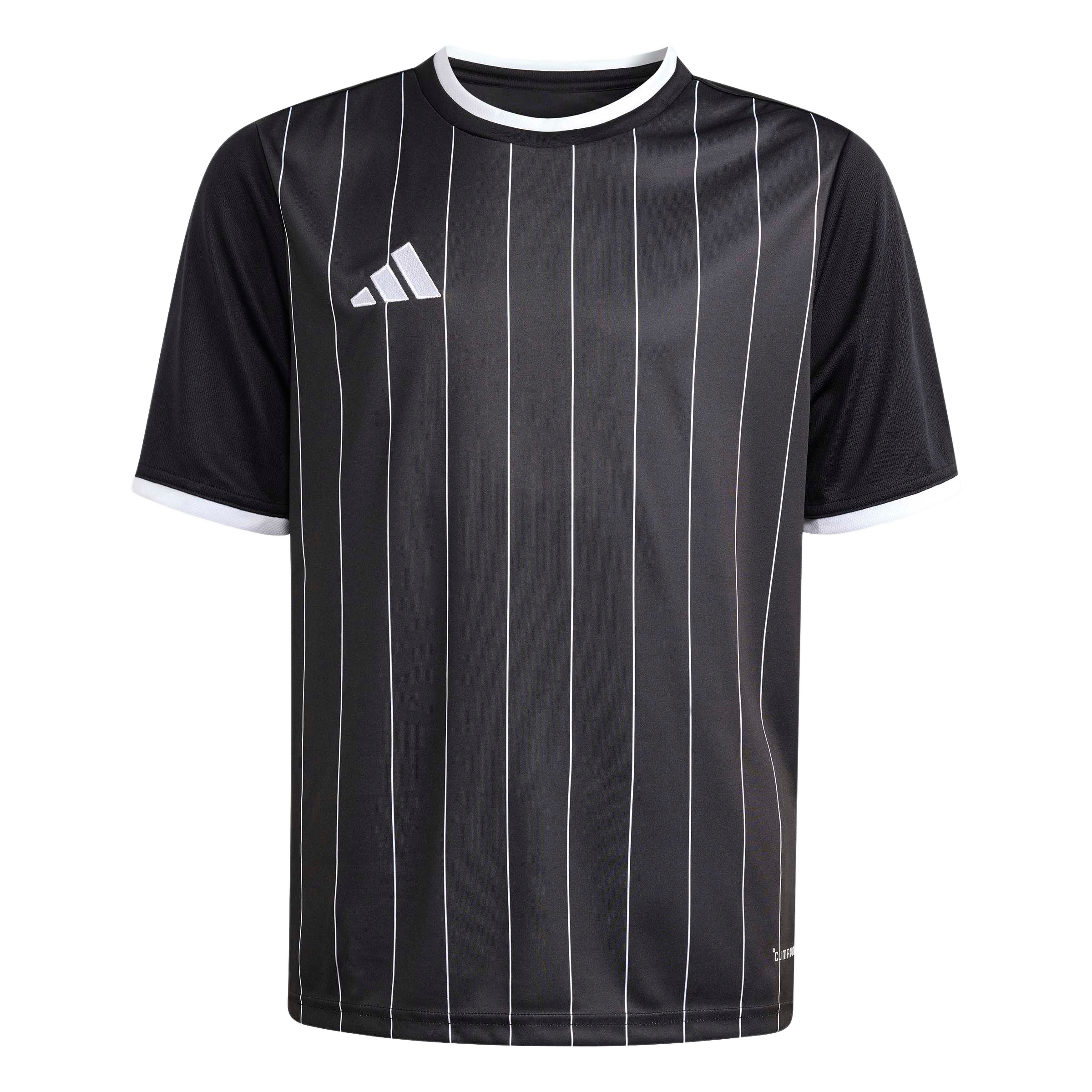 Black Adidas soccer jersey with thin white vertical stripes, white crew neck, and white sleeve cuffs. Features a white Adidas logo on the chest.