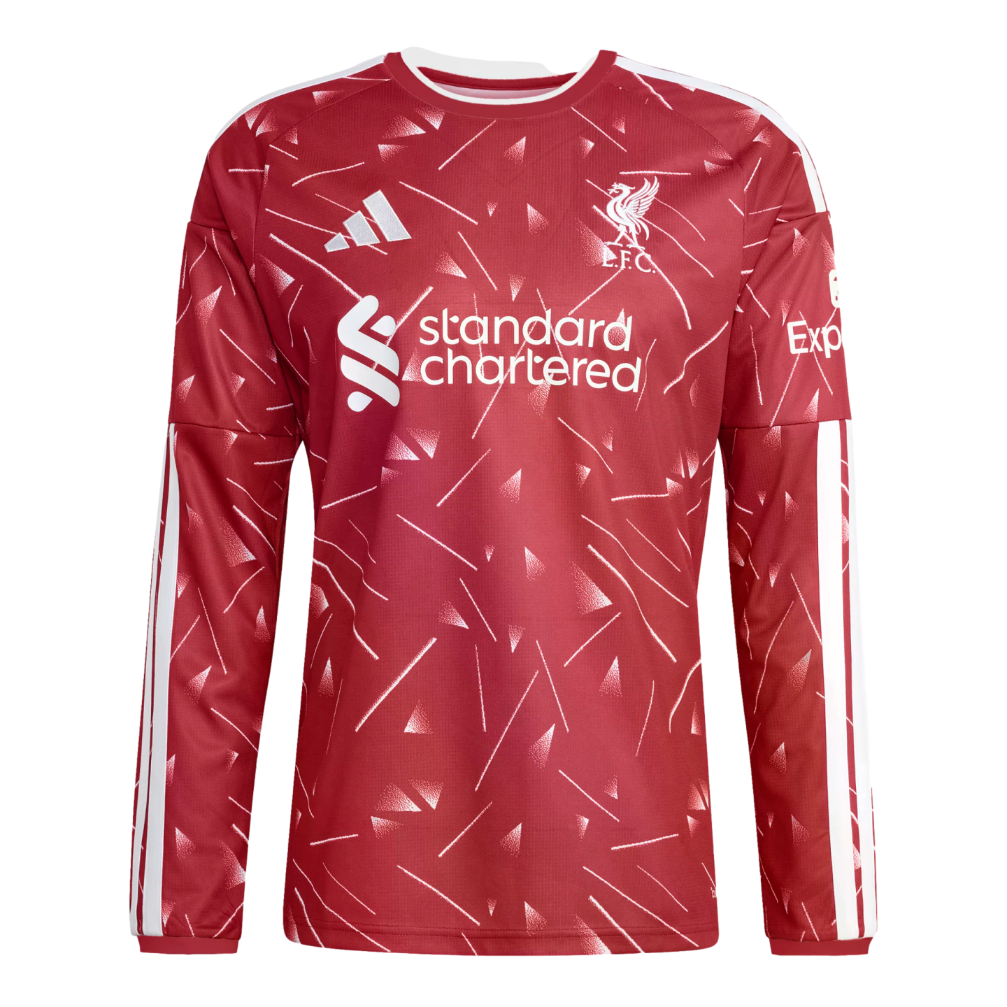 A red long-sleeve Liverpool FC training top with white geometric patterns, Adidas logo, club crest, and Standard Chartered sponsor logo.