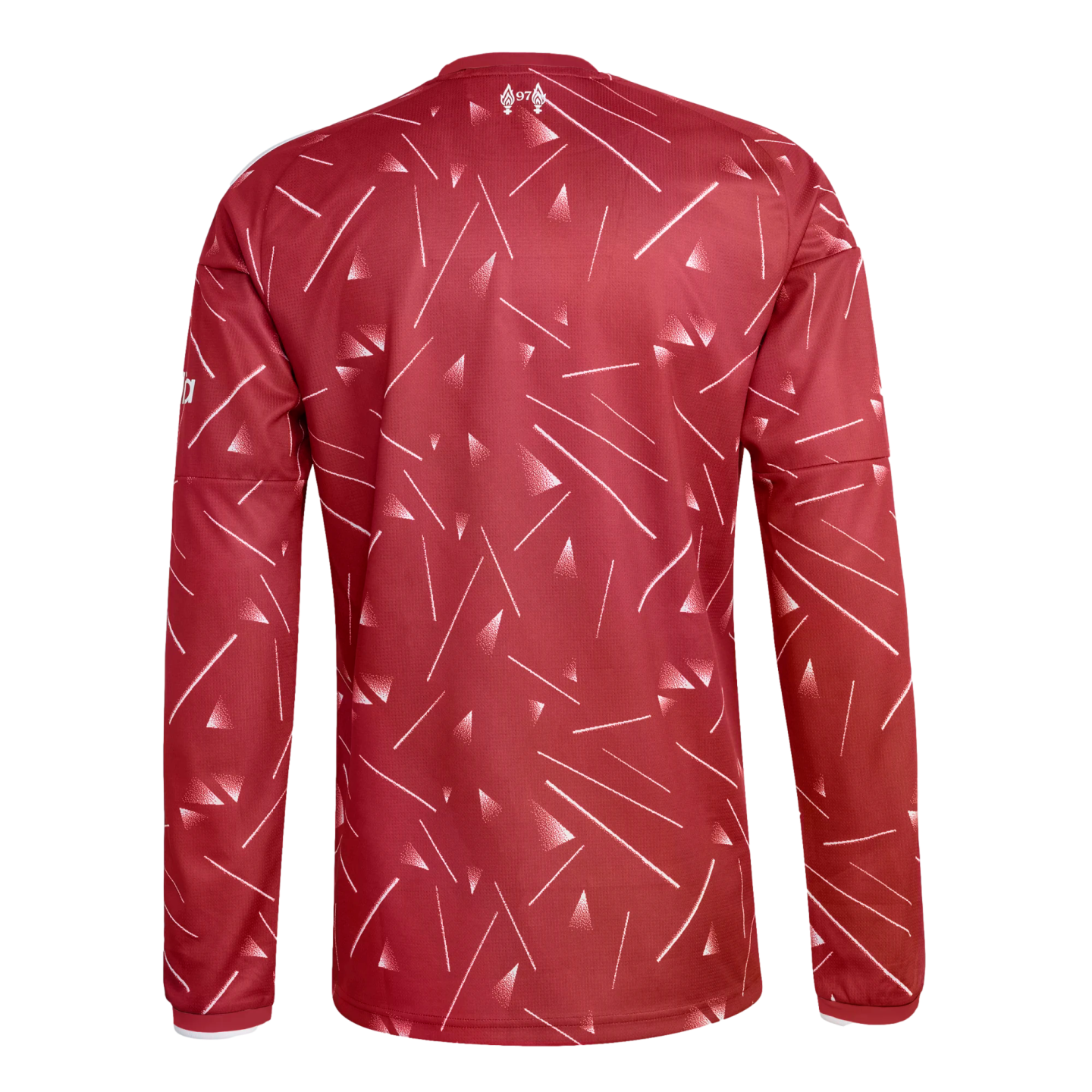 Back view of a red long-sleeved jersey with a white abstract pattern of lines and triangles. A "97" memorial emblem is printed at the top center.