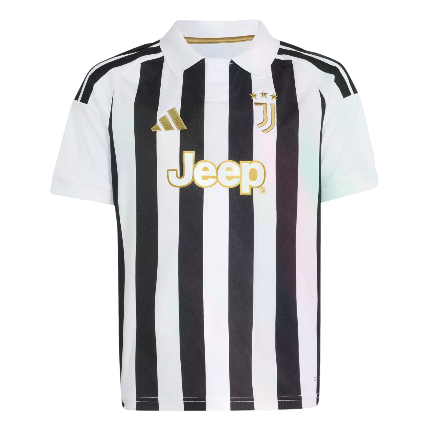 A black and white vertically striped Juventus soccer jersey with a white collar and gold-colored Adidas, Jeep, and club crest logos.