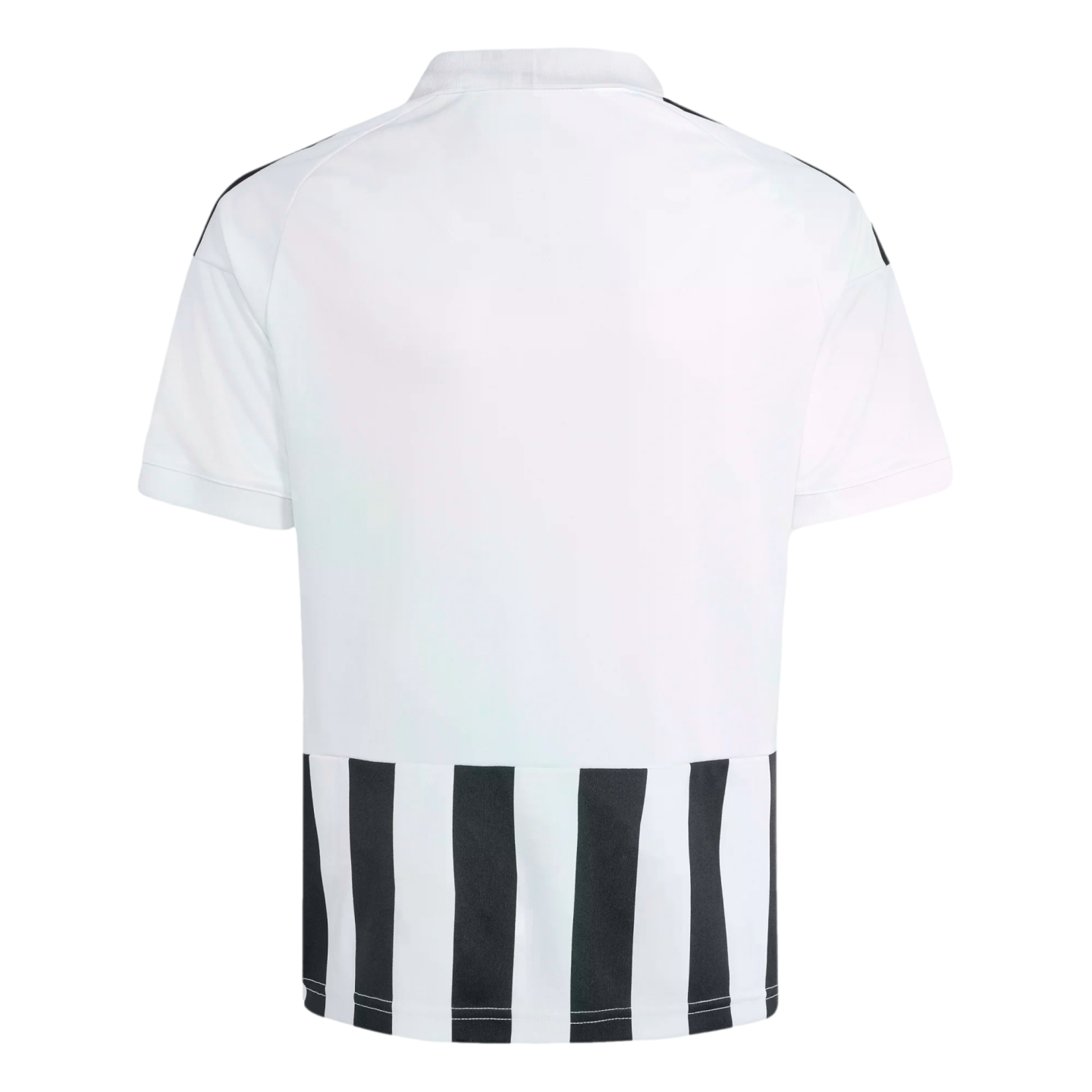 Back view of a white jersey featuring black shoulder stripes and a black and white vertical striped panel at the bottom.