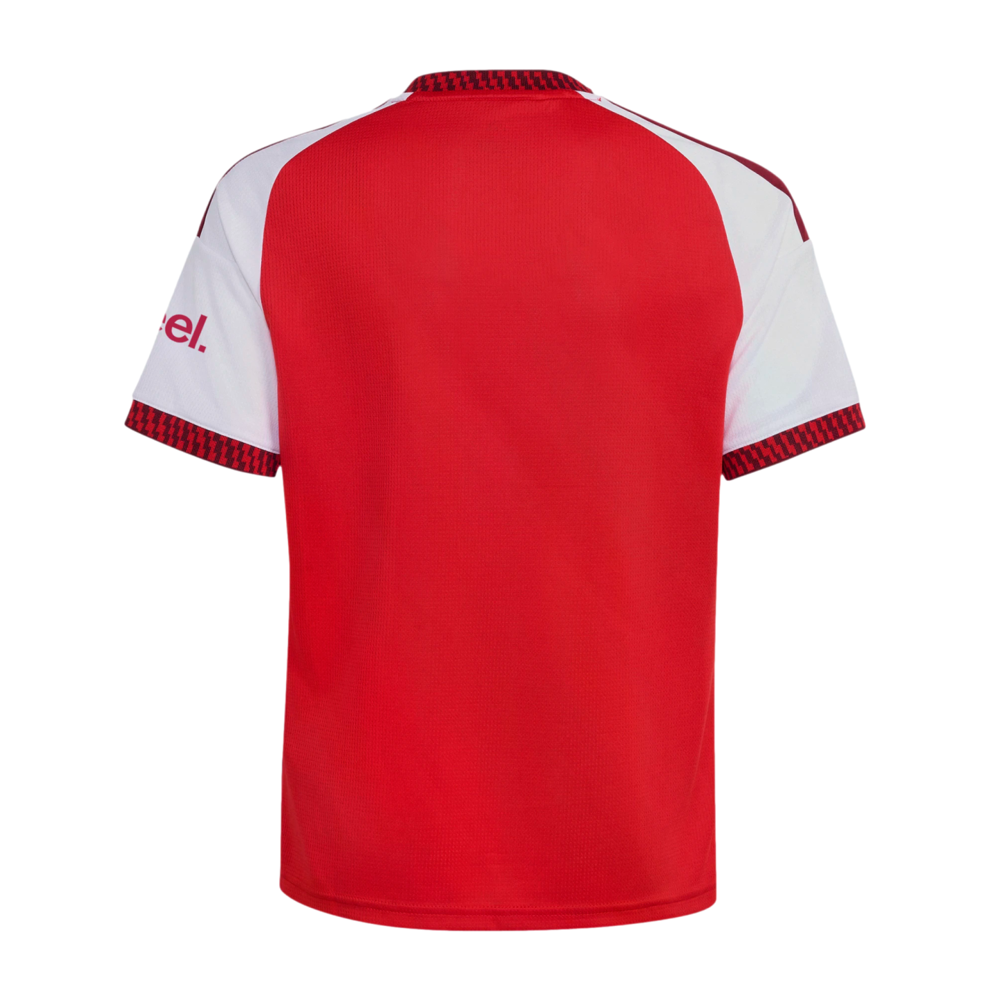 Back view of a red and white short-sleeved sports jersey with a patterned collar and sleeve cuffs.