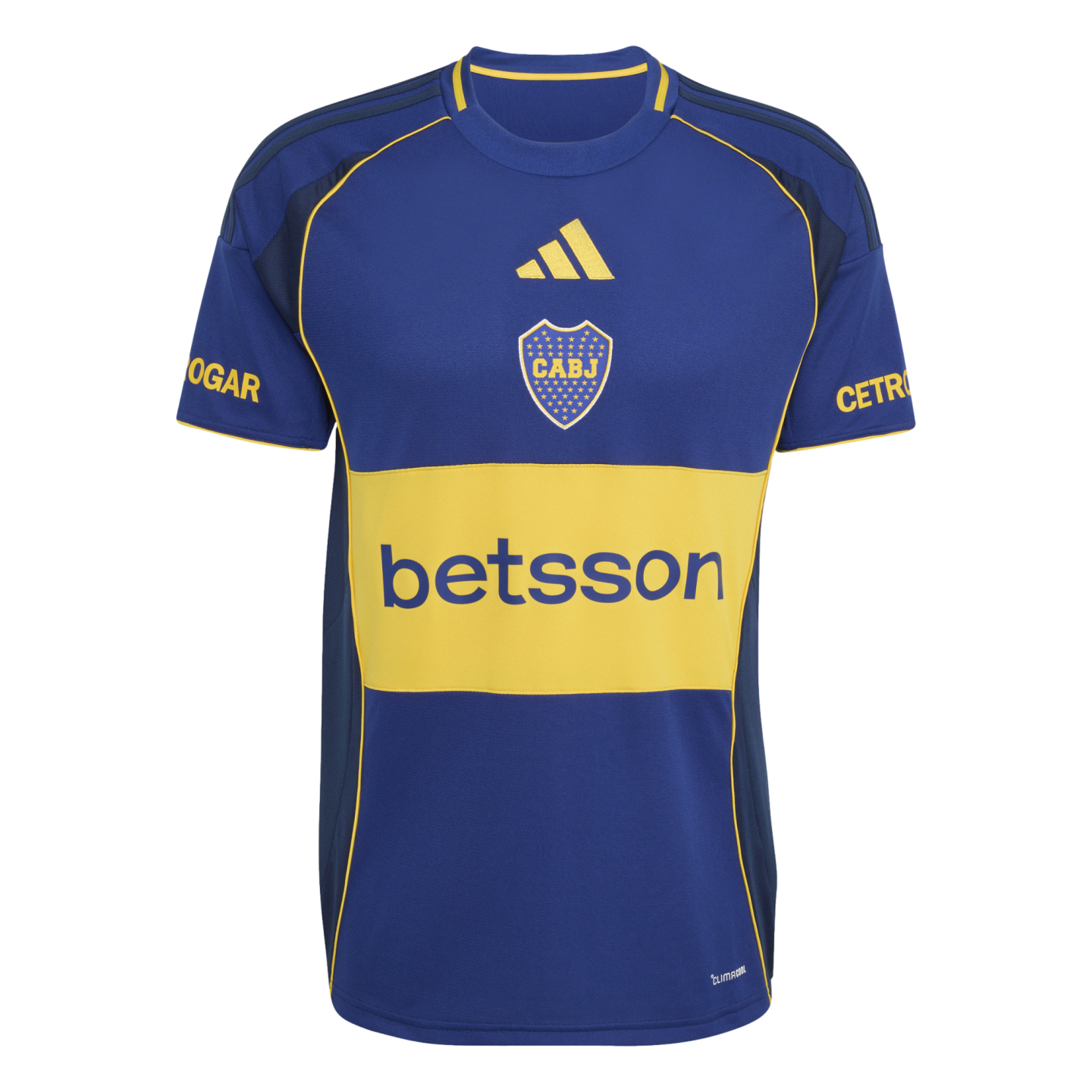Blue and yellow Adidas Boca Juniors soccer jersey featuring a central yellow band with the "betsson" logo and the CABJ club crest.
