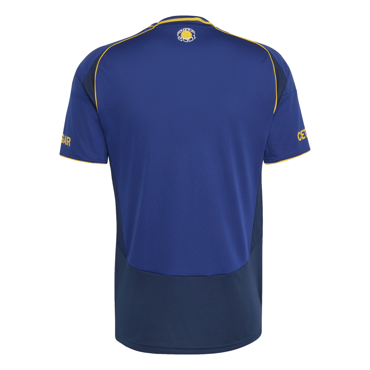 Back of a short-sleeved royal blue jersey featuring navy panels, yellow piping on the shoulders and sleeves, and a small circular graphic below the back collar.