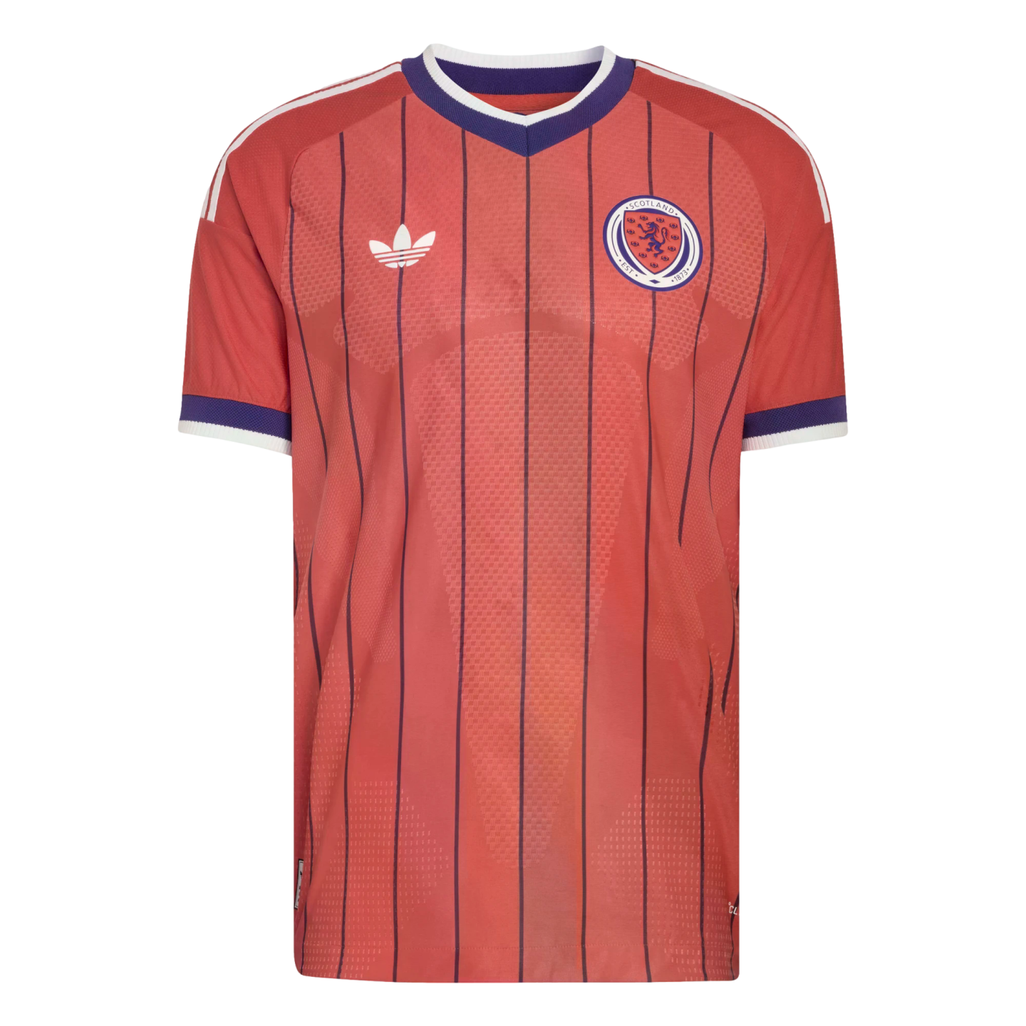 A red Scotland national team soccer jersey with blue pinstripes, a blue and white collar, the Adidas trefoil logo, and the national team crest on the chest.