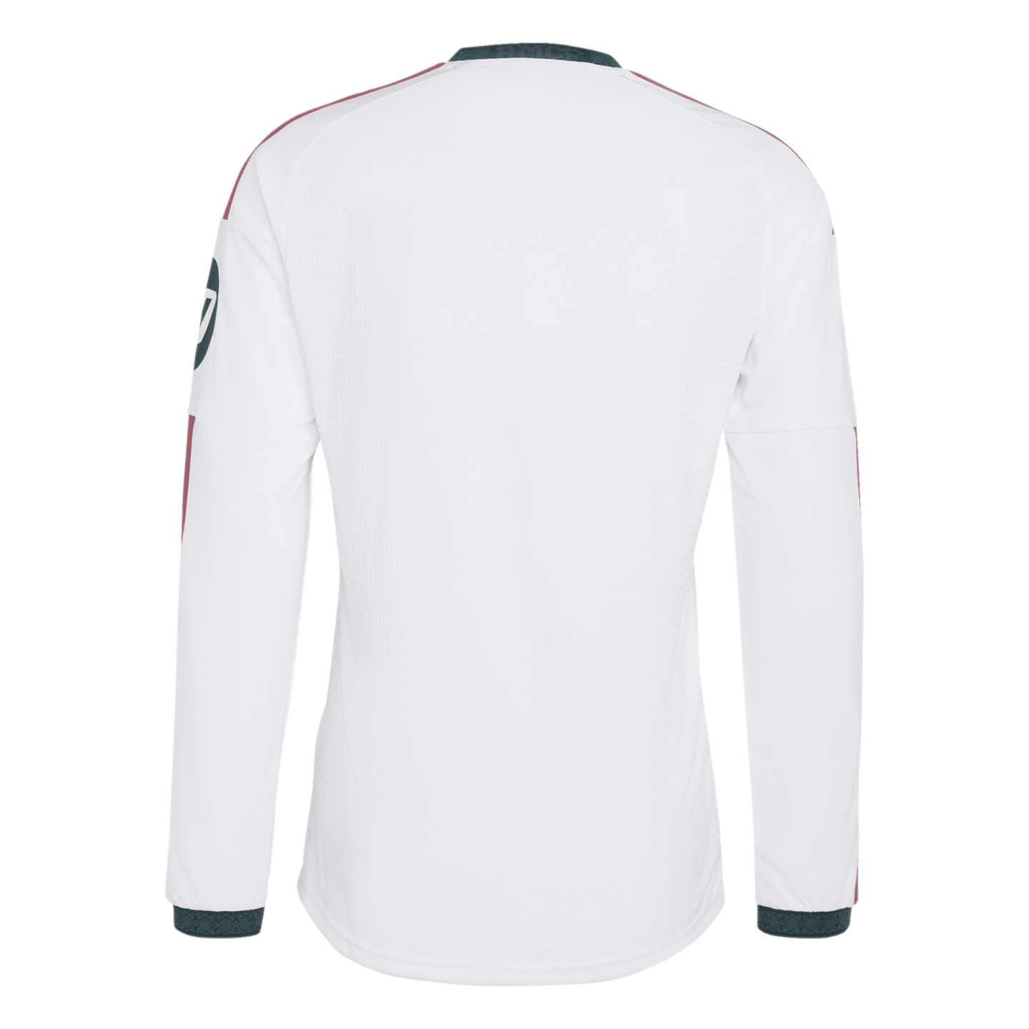 Back view of a white long-sleeved athletic jersey featuring dark green collar and cuffs and maroon shoulder accents.