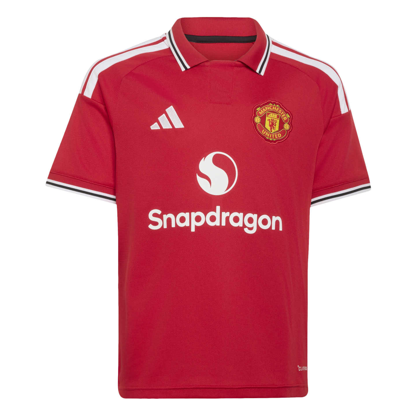 Red Manchester United home jersey with the white Adidas logo, club crest, and Snapdragon sponsor. It features white shoulder stripes and black-and-white trim on the collar and sleeve cuffs.